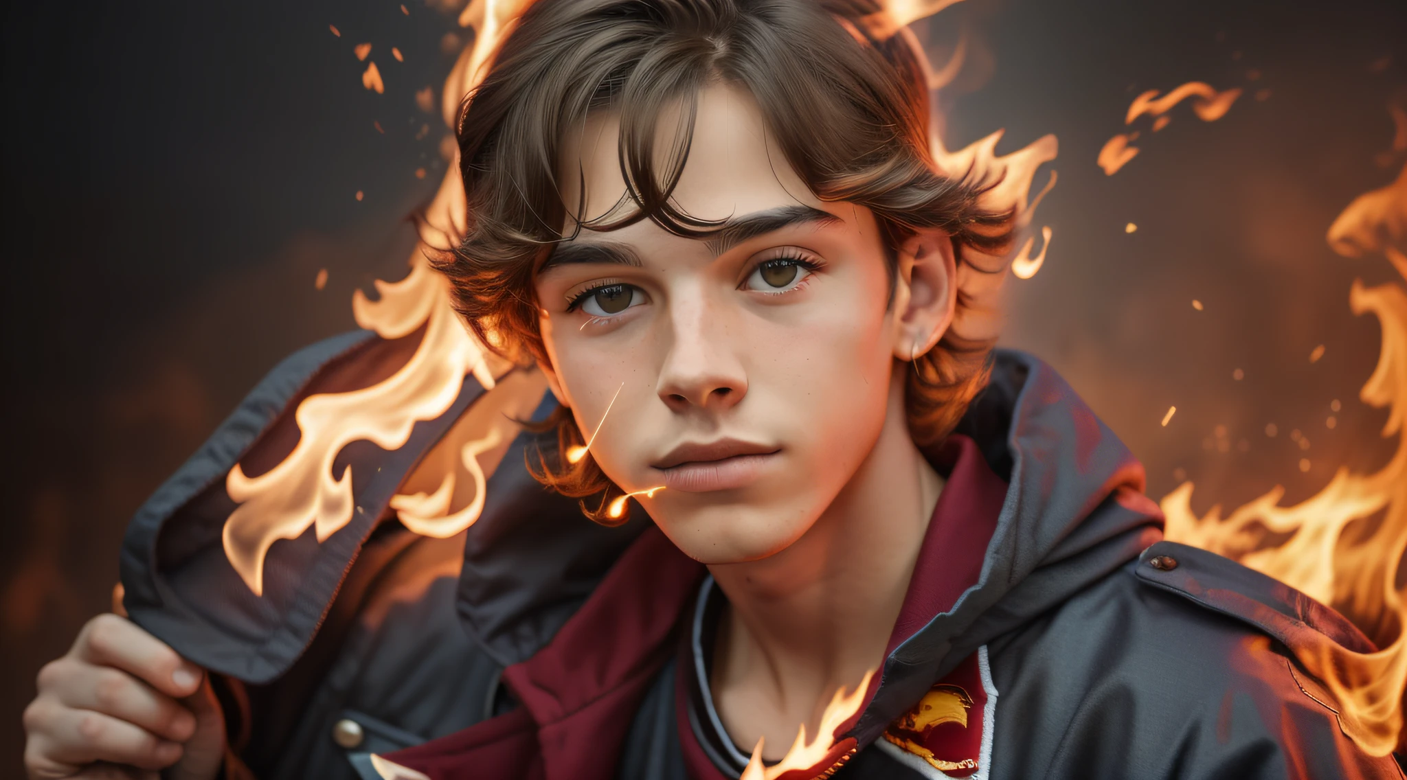 Melhor qualidade, obra-antes, ultra alto nada, fotorrealista, foto crua, Boy child 20 years old, russo loiro cabelo liso longo, com roupa de jaqueta de couro vermelha, Estilo retrato, flames are glowing red flames.