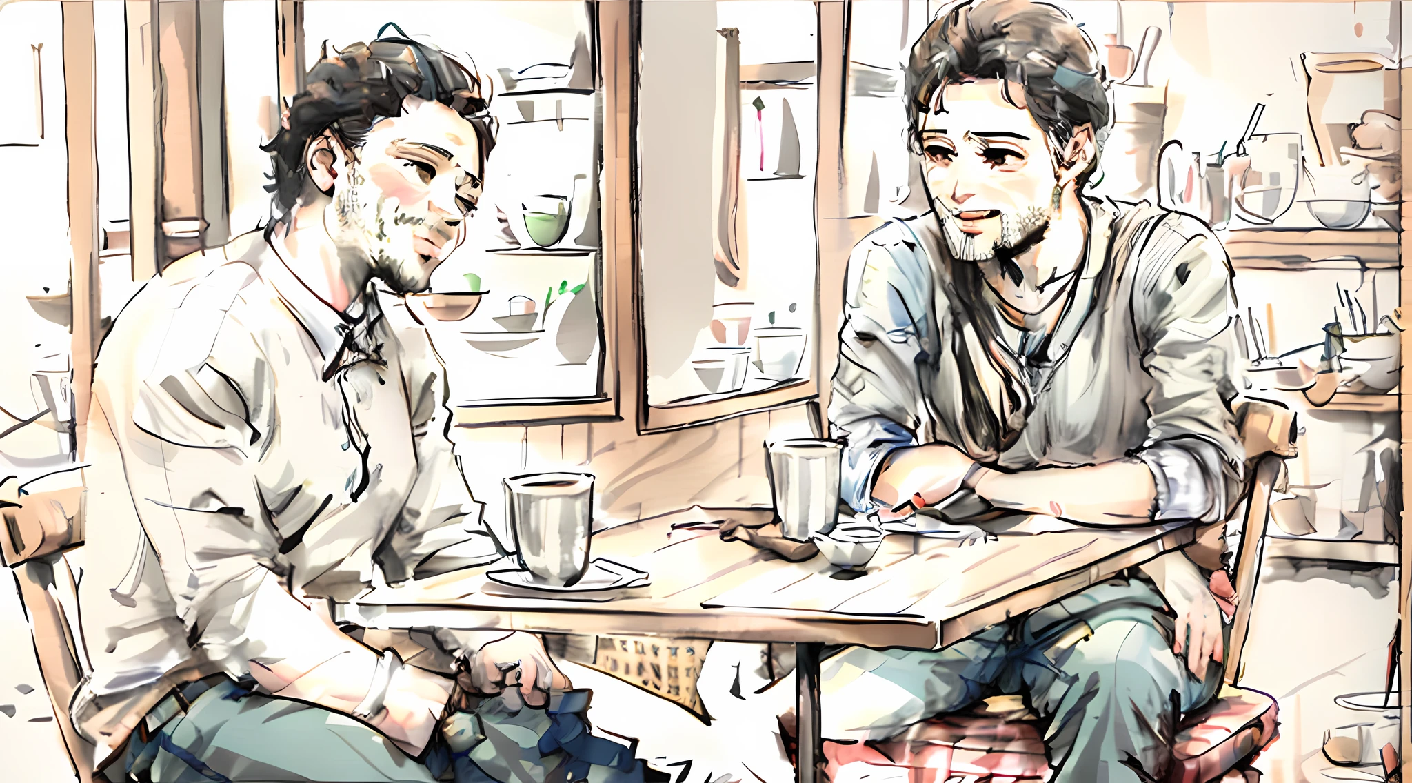 An illustration showing two people sitting in a café, olhando uma para a outra e praticando a escuta ativa.