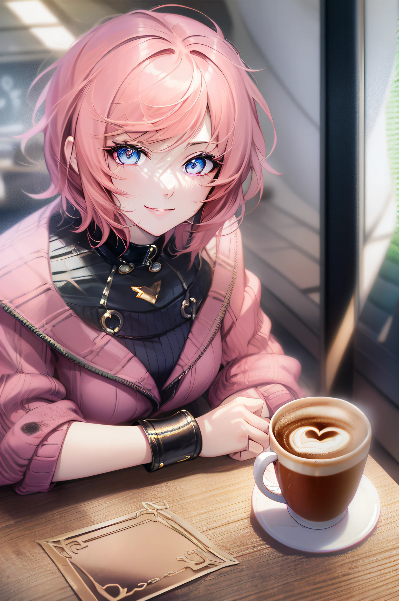 Masterpiece, best quality, high quality, close up, solo anime portrait, female, 1girl, (elegant pink outfit:1.3), (short pink hair:1.5), (sitting in a cafe, coffee cup on the table:1.5), she is stunning and super beautiful, goddess like appearance, `(gradient_light_pink_eyes:1.4), cafe vibes, calm, effeminate, JRPG art, trending on caravaggio, intrinsicated and detailed smile, looking at camera, face focus, highly-detailed, top lightning, trending on pixiv, HD digital, 32k