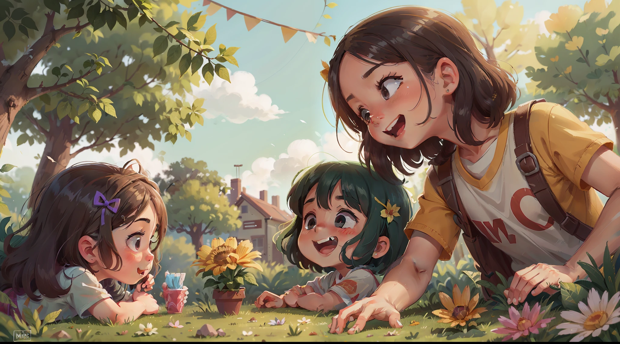 title: "Joy in Small Gestures" Prompt: Create an ultra-childlike image that depicts African children, John at the age of 5, Sofia com 6 anos de idade, Pedro com 7 anos de idade e Alice com 7 anos de idade, se preparando para a corrida, while understanding the importance of small gestures of kindness. The scene takes place in a park full of trees and vibrant flowers, conveying a sense of harmony and serenity. Children are involved in different acts of kindness, como ajudar o vizinho idoso com suas sacolas, playing with a lonely classmate at school and smiling at someone who is having a rough day. Seus rostos irradiam alegria e empatia, showing the positive impact these actions have on the lives of the people around them. Use cores vivas e uma atmosfera acolhedora para transmitir a ideia de um mundo mais feliz, where competition in the race is balanced with acts of kindness and compassion.