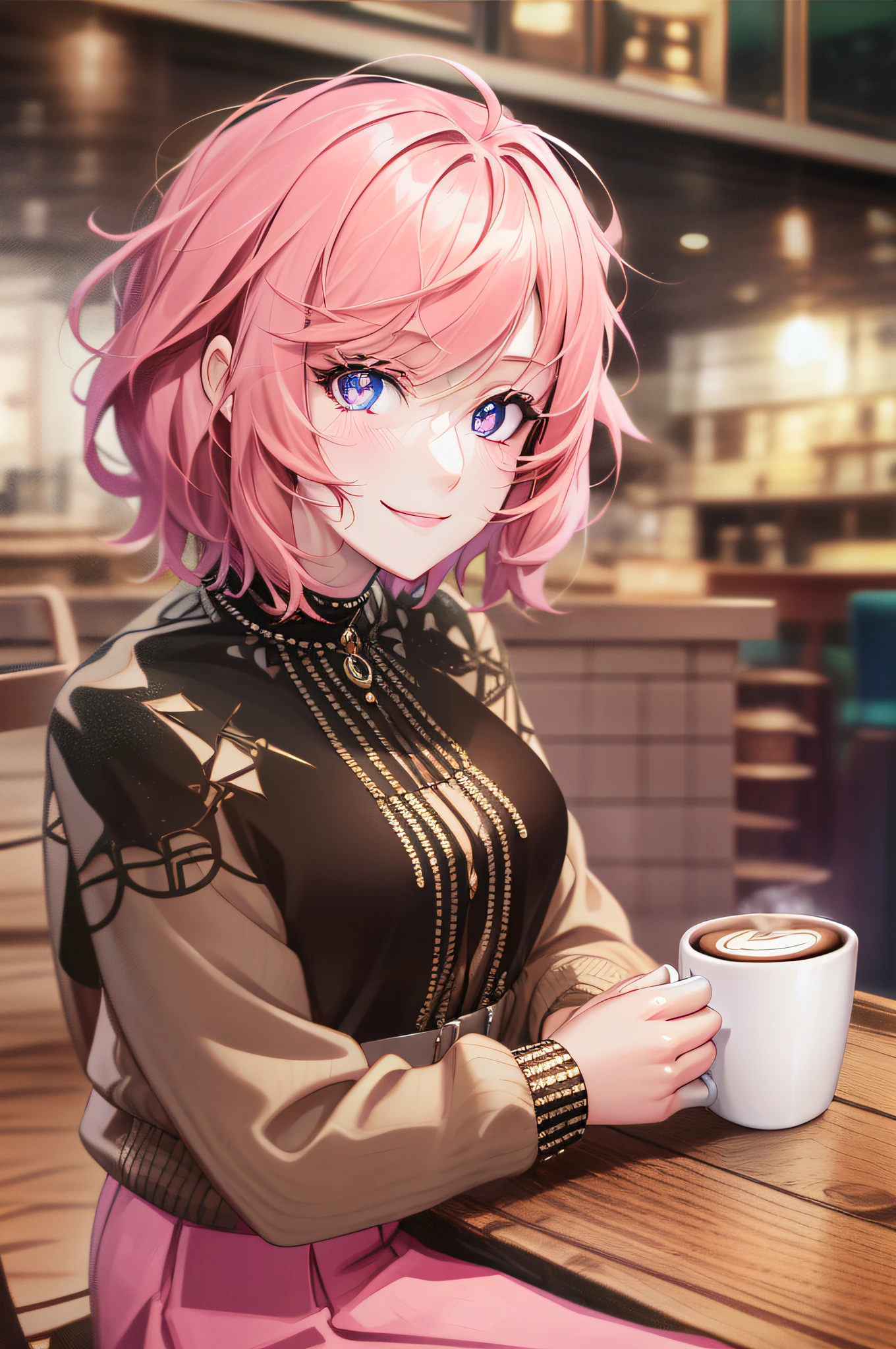 Masterpiece, best quality, high quality, close up, solo anime portrait, female, 1girl, (elegant pink outfit:1.3), (short pink hair:1.5), (sitting in a cafe, coffee cup on the table:1.5), she is stunning and super beautiful, goddess like appearance, `(gradient_light_pink_eyes:1.4), cafe vibes, calm, effeminate, JRPG art, trending on caravaggio, intrinsicated and detailed smile, looking at camera, face focus, highly-detailed, top lightning, trending on pixiv, HD digital, 32k