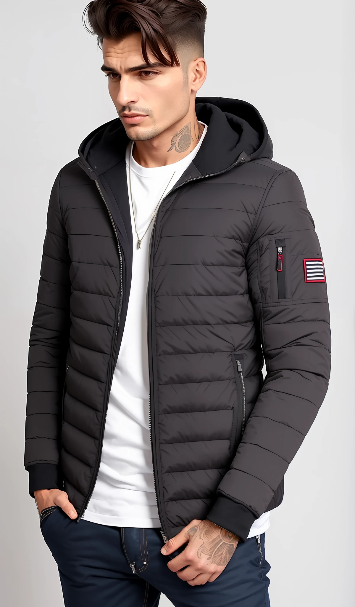 a jaqueta com capuz da face norte em preto, modelo usa jaqueta puffer, um homem vestindo uma jaqueta preta, jaqueta puffer, suit jacket, wearing jacket, em um moletom preto, delicioso, roupas esportivas, wearing jeans and a black hoodie, inspired by Slava Raškaj, Inchado, roupas esportivas, jaqueta sobre tronco nu, vestindo uma jaqueta preta extravagante