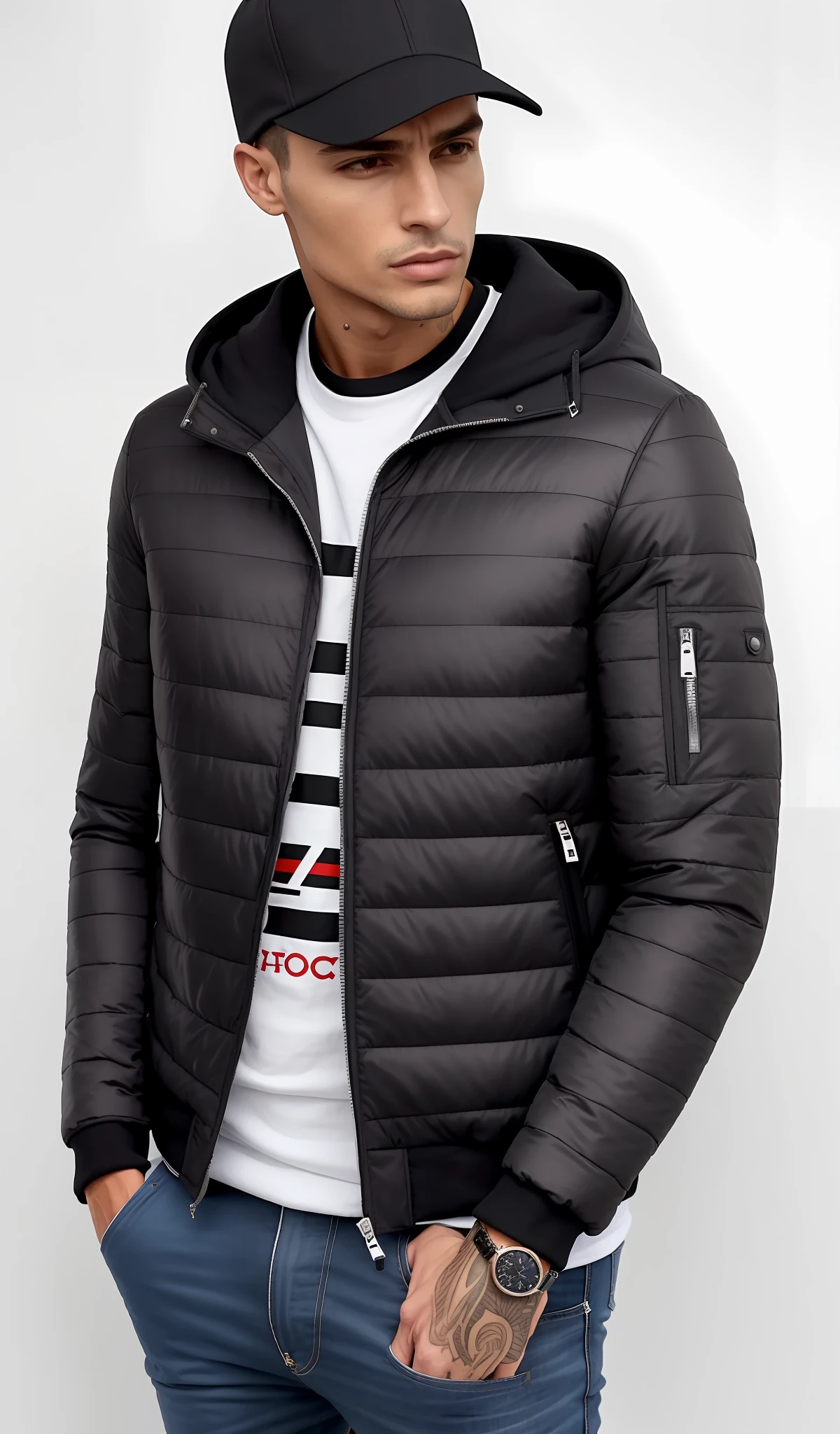 a jaqueta com capuz da face norte em preto, modelo usa jaqueta puffer, um homem vestindo uma jaqueta preta, jaqueta puffer, suit jacket, wearing jacket, em um moletom preto, delicioso, roupas esportivas, wearing jeans and a black hoodie, inspired by Slava Raškaj, Inchado, roupas esportivas, jaqueta sobre tronco nu, vestindo uma jaqueta preta extravagante