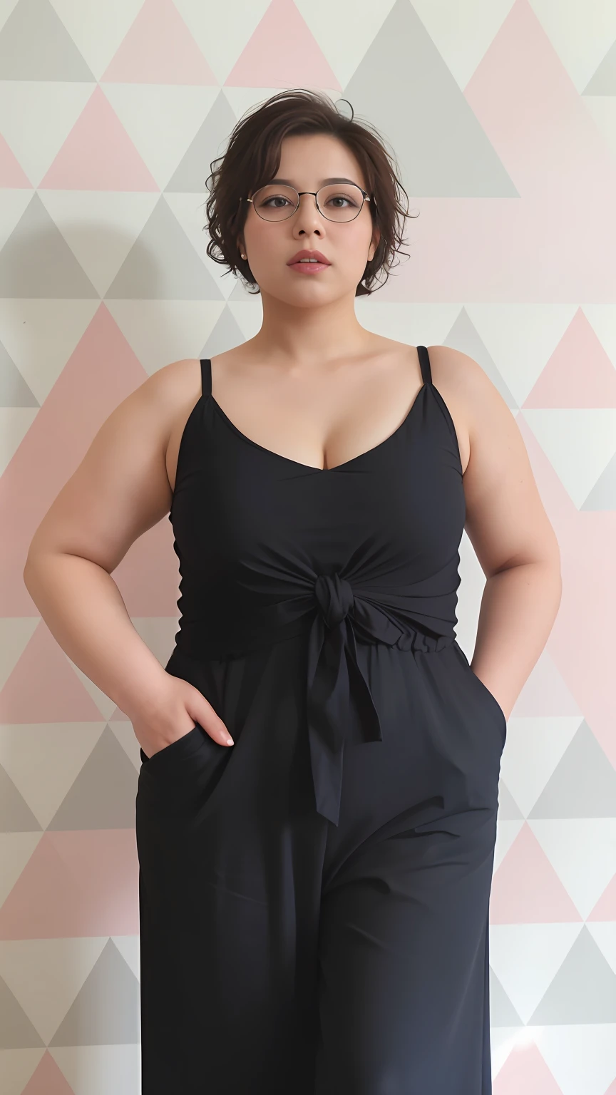 There is a woman in front of a wall with a pink and white wallpaper, vestindo roupa camisola preta, retrato frontal, close up tiro de meio corpo, corpo inteiro disparado de perto, corpo inteiro - frente - tiro, wearing atompunk jumpsuit, Close-up de corpo inteiro, curvy and bow, 3/4 vista frontal, Pose frontal, Frente cheia