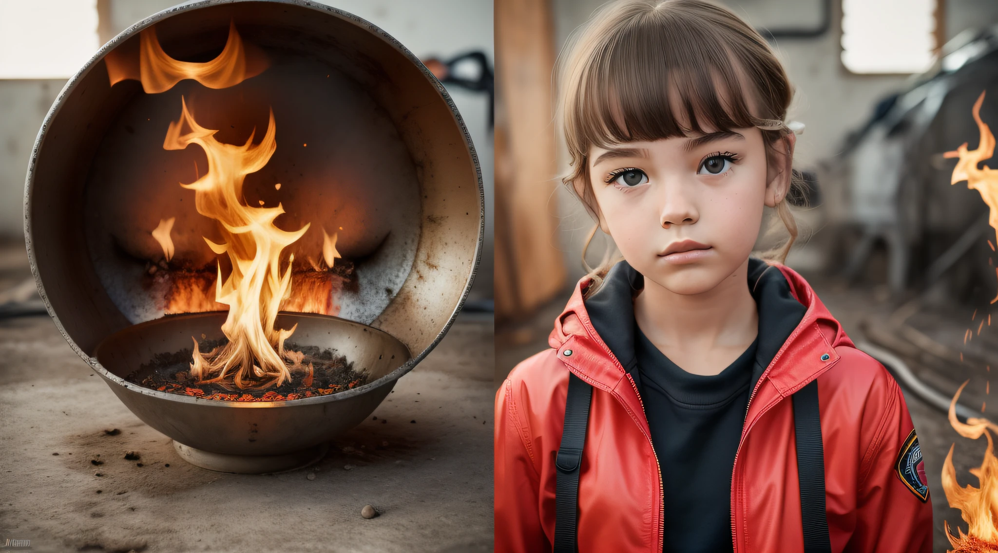 Melhor qualidade, obra-antes, ultra alto nada, fotorrealista, foto crua, GIRL child 20 years old, russo loiro cabelo liso longo, com roupa de jaqueta de couro vermelha, Estilo retrato, flames are glowing red flames.