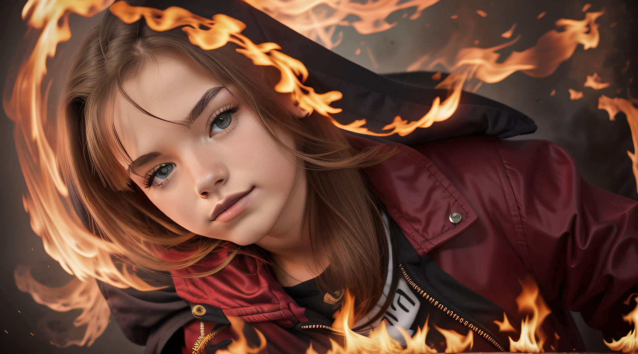 Melhor qualidade, obra-antes, ultra alto nada, fotorrealista, foto crua, GIRL child 20 years old, russo loiro cabelo liso longo, com roupa de jaqueta de couro vermelha, Estilo retrato, flames are glowing red flames.