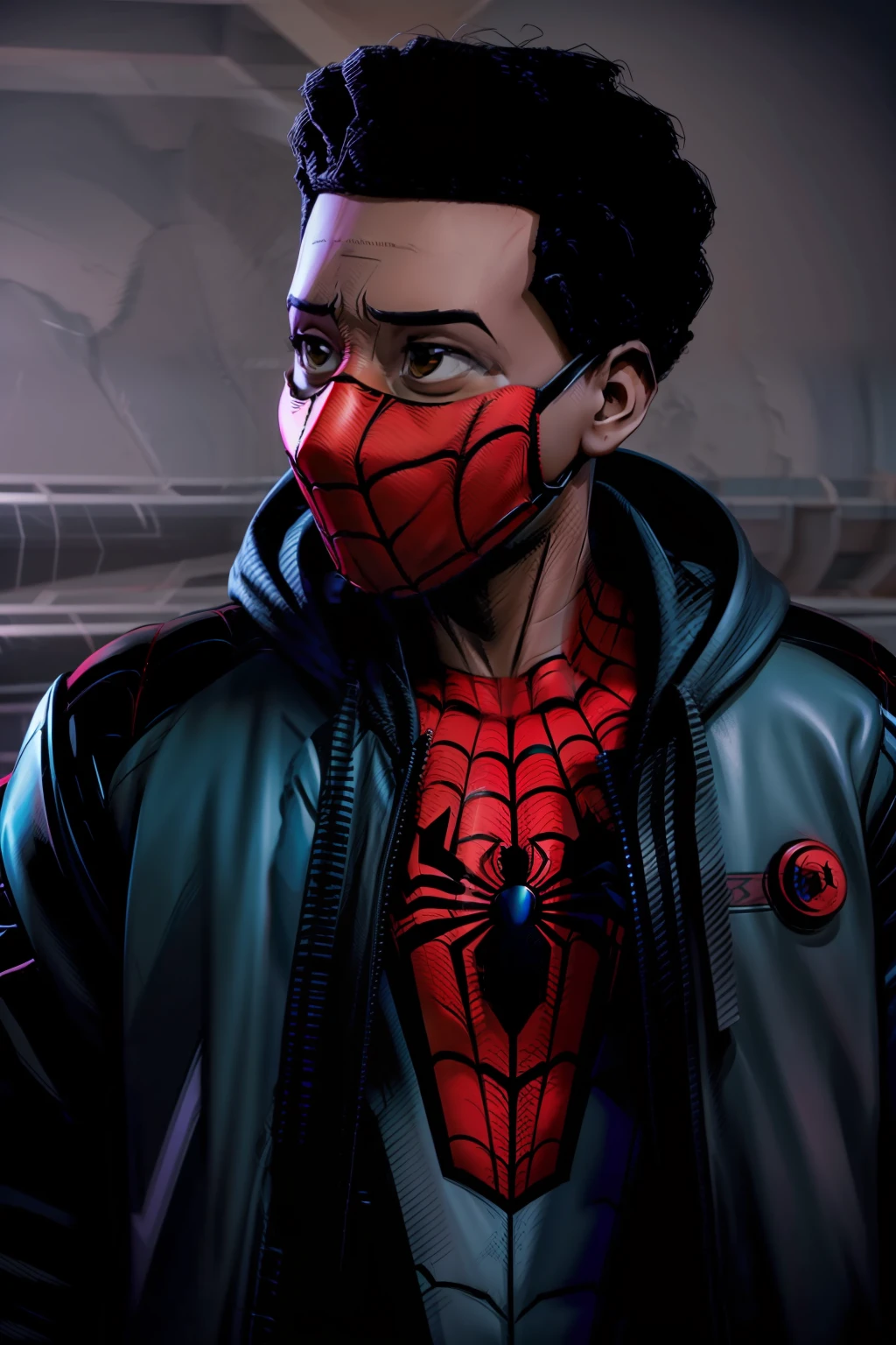 retrato de miles_Morales in black spider-man costume with mask in hand