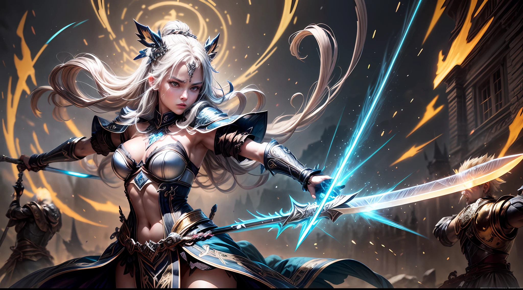 (masterpiece),(high quality),A Bastard Sword-style large sword, a mythological object of great power, very large all carved with mythical runes displaying a condensed glow in their magical writing, detailed in gold and silver with a neon glow intricate to the details, tron circuitry scattered on it with glitter intense, displaying absurd power shards and vapors flying around her like a whirlwind, absolute power emanating from her, (focus on sword)
being wielded by a warrior (((male)))