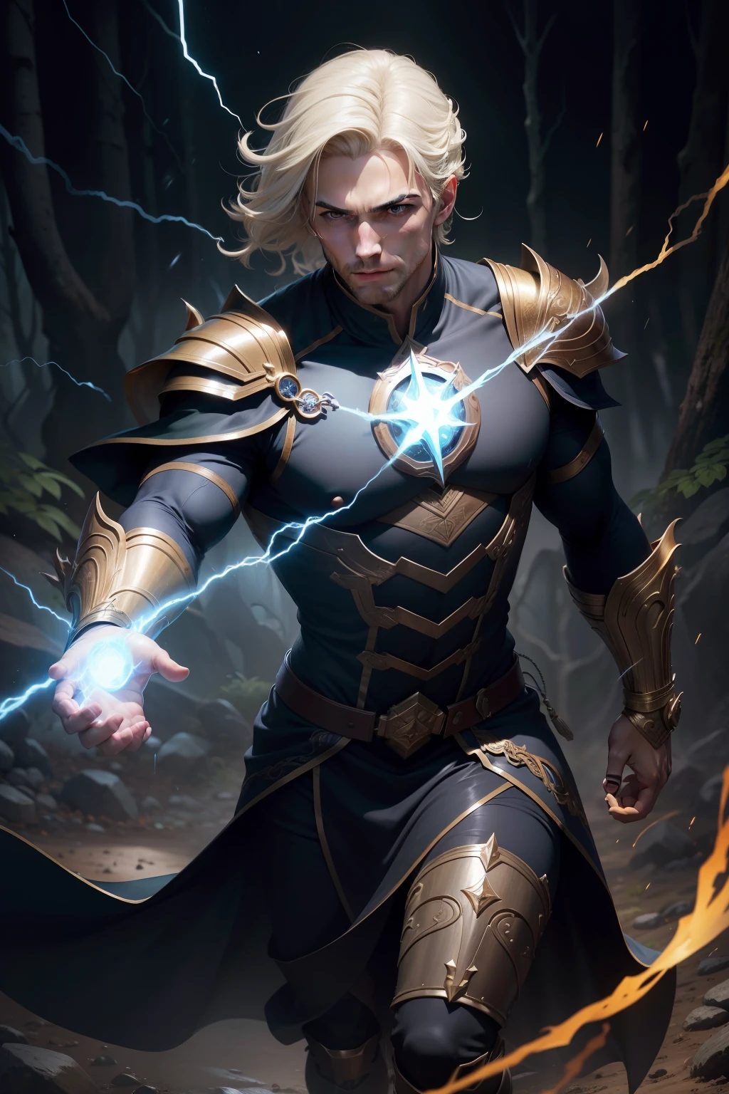Retrato completo de Electromancer, trending in the artstation, Astri Lohne, Skinny Masculino Fantasia Alquimista, magica, muscular magician man, homem em um casaco preto e camisa branca, portrait of magical blond prince, Muscles, pintado no estilo arcano, cara bonito, Retrato completo do elementalista, super high res, melhor qualidade, fotos, 8K, (Realista: 1.2), cinematic lighthing, homens jovens, close-up de um homem em traje de mago, mago, magia, magias, casting spells, varinha, traje de mago, mago, mago, roupa de mago, roupa de mago, roupa de mago, manto, manto preto e dourado, low and medium hair, loiro, loiro, loiro, blonde hair standing up, cabelo irritado correndo coroa, pessoa real, dynamic pose perspective, dynamic perspective pose, Full-body dynamic posture, pose de garra sul, dynamic motion pose, dynamic pose realistic, dynamic action pose, pose masculina de mago, Releasing Lightning Spell, Lightning Spell in the Hand, perfect dynamic body type, dynamic pose full body, olhos verdes, olhos, olhos verdes emitindo uma luz amarela brilhante, Forest background with rain and lightning falling from the sky, noite, Forest background with rain and lightning falling from the sky, feixes de luz do raio caindo cobrindo seu corpo, white light above the head (aura: 1.2), Muscles, barba, masculino, jovem, luz, obra-prima, melhor qualidade, detalhes intrincados, cristal no fundo, portal futurista, luz 3D, HD, magia, deus da luz, rosto detalhado, coragem, profundidade de campo, soft-lighting, mapeamento de tom, alto detalhe, arte conceitual, suave, foco claro, lighting dramatic, arte altamente detalhada, filme, 8K, incredible shadows (fundo altamente detalhado: 1.2)