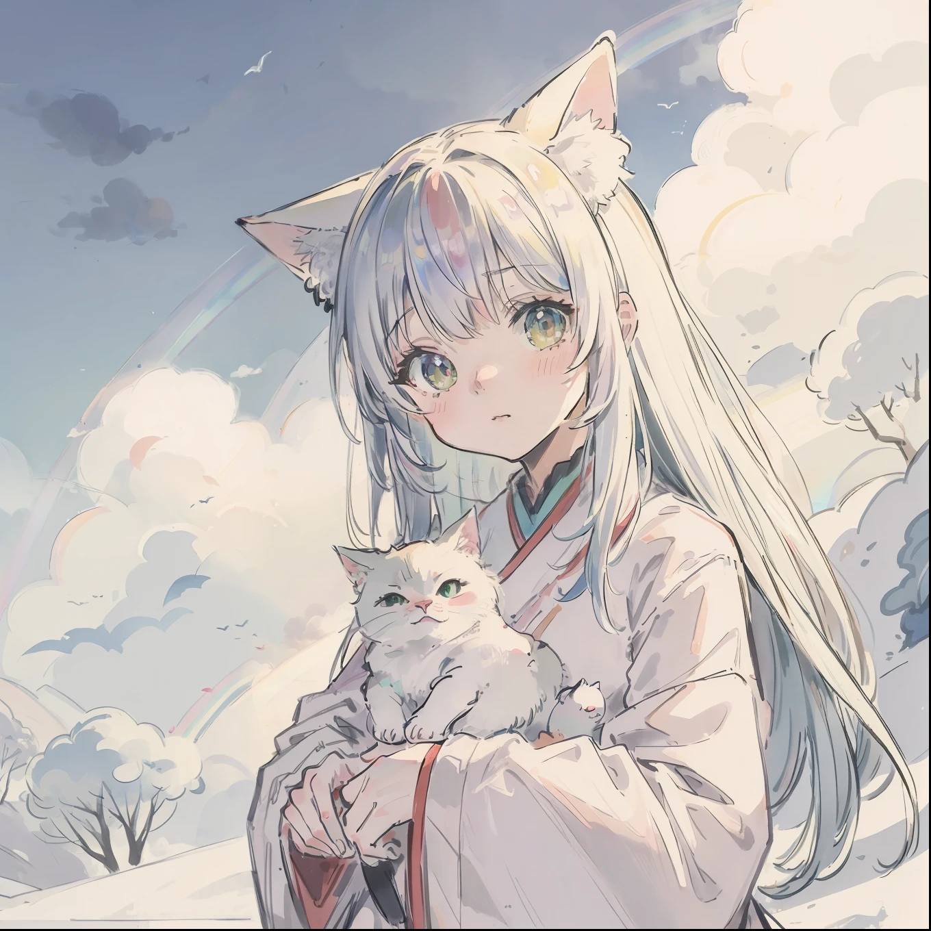 (Best quality1.2、masutepiece)、Take a cute cat、kawaii、White hair(rainbow-colored hair)