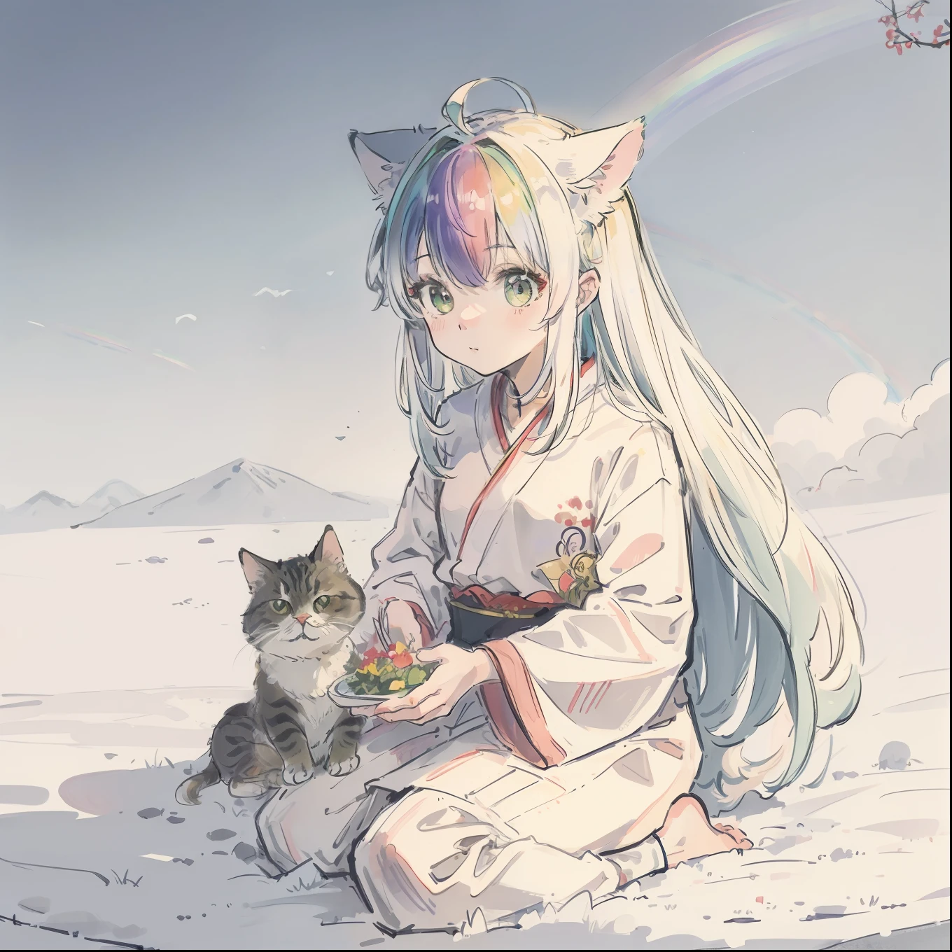 (Best quality1.2、masutepiece)、Take a cute cat、kawaii、White hair(rainbow-colored hair)