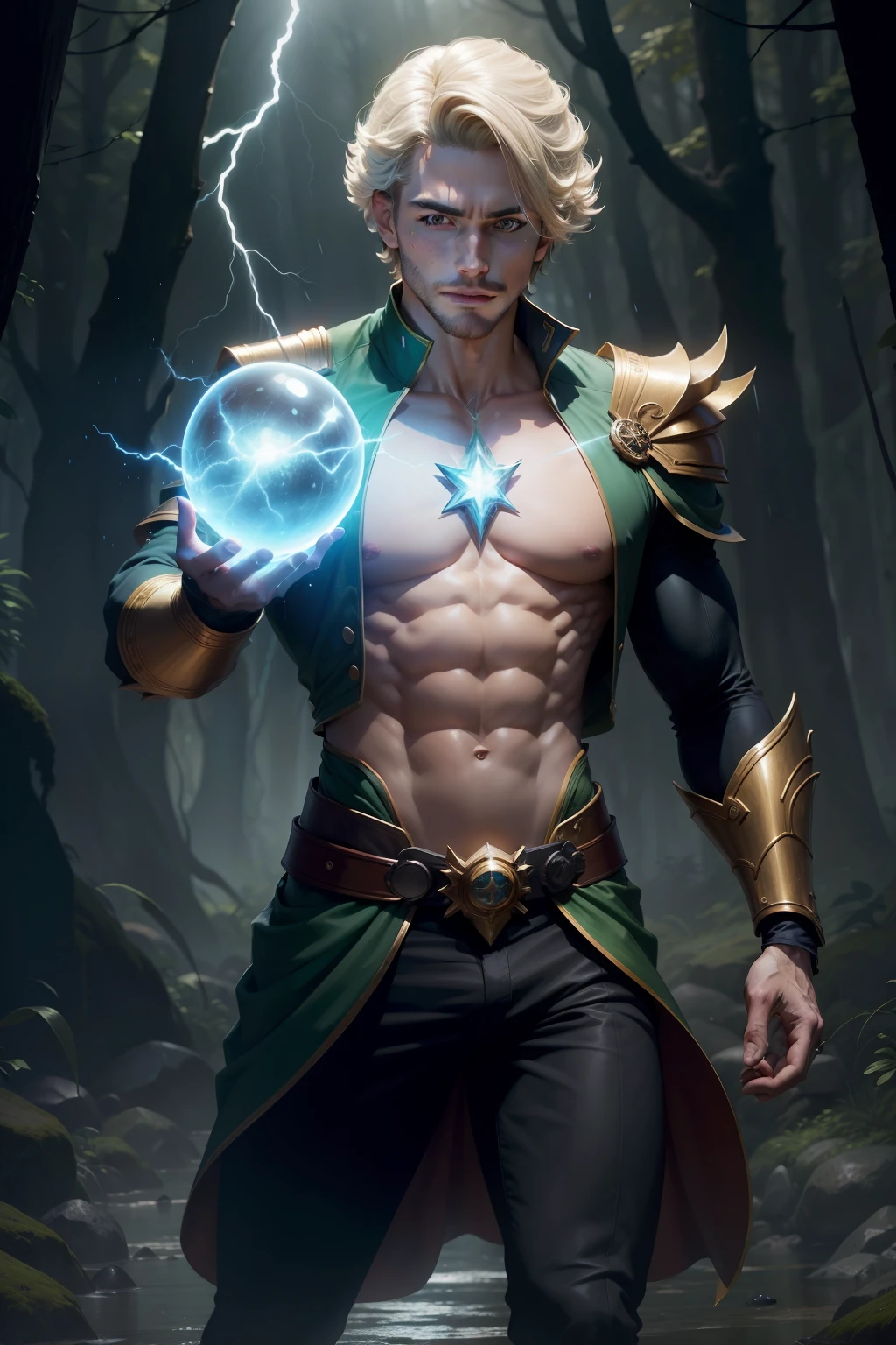Retrato completo de Electromancer, trending in the artstation, Astri Lohne, Skinny Masculino Fantasia Alquimista, magica, muscular magician man, portrait of magical blond prince, Muscles, pintado no estilo arcano, cara bonito, Retrato elementalista, super high res, melhor qualidade, fotos, 8K, (Realista: 1.2), cinematic lighthing, homens jovens, close-up de um homem em traje de mago, mago, magia, magias, casting spells, varinha, traje de mago, mago, mago, roupa de mago, roupa de mago, roupa de mago, manto, manto, manto, roupas, manto verde com partes douradas, verde com dourado, roupa de mago verde, roupa de alquimista verde, cabelo curto, curto, cabelo curto, cabelo, cabelo loiro, loiro, loiro, loiro, blonde hair standing up, cabelo irritado correndo coroa, pessoa real, dynamic pose perspective, dynamic perspective pose, Full-body dynamic posture, pose de garra sul, dynamic motion pose, dynamic pose realistic, dynamic action pose, pose masculina de mago, Releasing Lightning Spell, Lightning Spell in the Hand, raio, eletricidade, holding a sphere of energy in your hand, esfera, energia, Sphere in hand, magia, electric perfect dynamic body type, dynamic pose full body, olhos verdes, olhos, olhos verdes emitindo uma luz amarela brilhante, Forest background with rain and lightning falling from the sky, noite, Forest background with rain and lightning falling from the sky, feixes de luz do raio caindo cobrindo seu corpo, white light above the head (aura: 1.2), Muscles, barba, masculino, jovem, luz, obra-prima, melhor qualidade, detalhes intrincados, cristal no fundo, portal futurista, luz 3D, HD, magia, deus da luz, rosto detalhado, coragem, profundidade de campo, soft-lighting, mapeamento de tom, alto detalhe, arte conceitual, suave, foco claro, lighting dramatic, arte altamente detalhada, filme, 8K, incredible shadows (fundo altamente detalhado: 1.2) cabelo curto, loiro