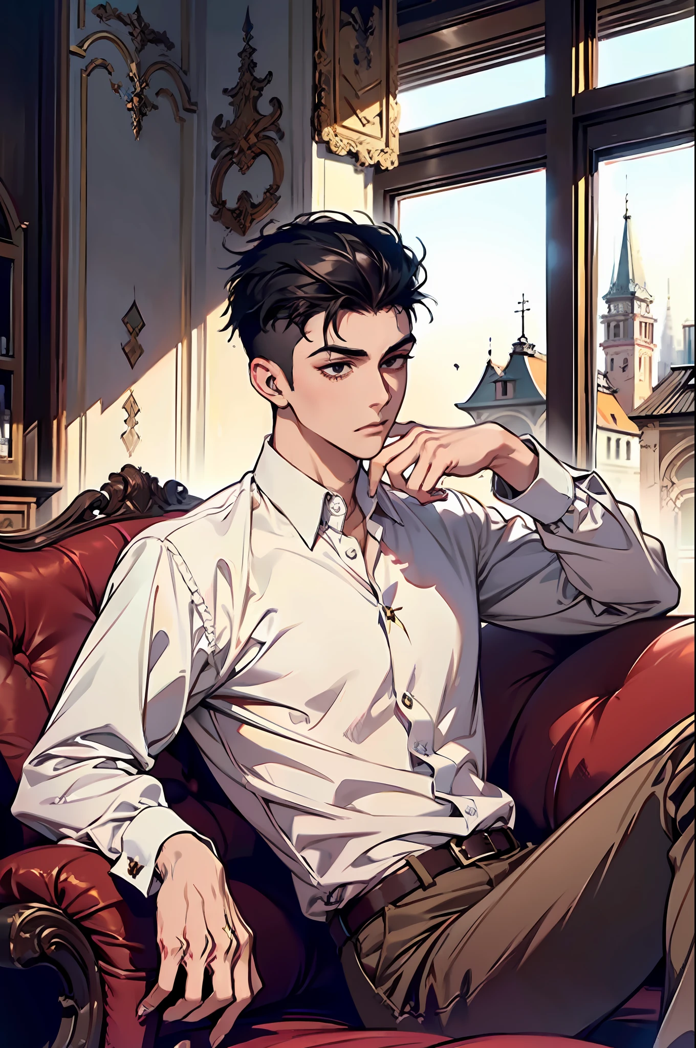(1 person)((mtu :1.2))((Mysterious man)), (Sit on a red leather sofa), Sven style,A man like Yang Jian,(((Hair combed back,The hair on both sides is combed back,damp hair,extremely short hair))), The best ratio of four fingers to one thumb, (Holding a complete and perfect wine glass in his hand),((white shirt)),Black eyes, fantasy, Dark fantasy, Perfect hand, fantasy, romatic, Kravyod, (Architecture of the Baroque period), In the classic bar, Best light and shadow