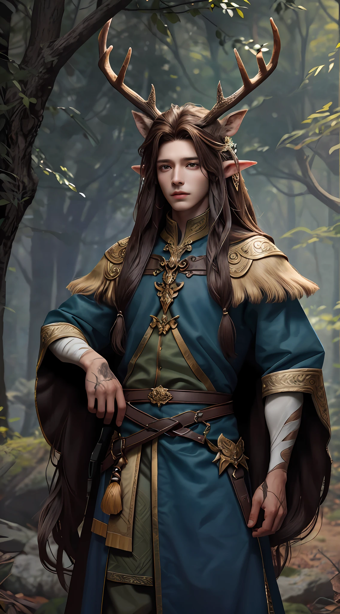 Male elves,deer antlers,Long brown hair,wounded,vulnerable,irate,Look straight ahead,Handsome