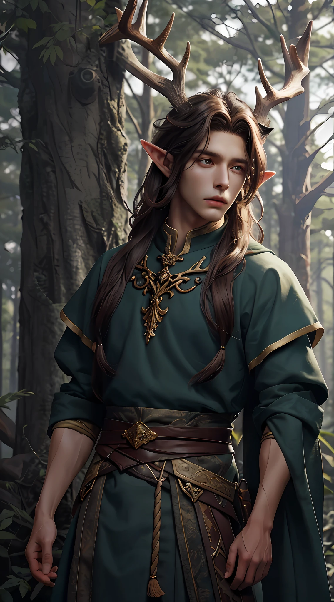 Male elves，deer antlers，Long brown hair，wounded，vulnerable，irate，Look straight ahead，Handsome