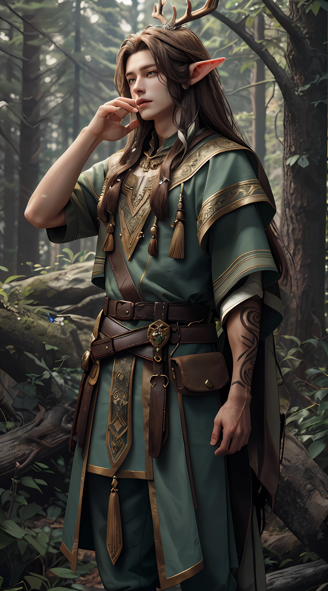 Male elves，deer antlers，Long brown hair，wounded，vulnerable，irate，Look straight ahead，Handsome