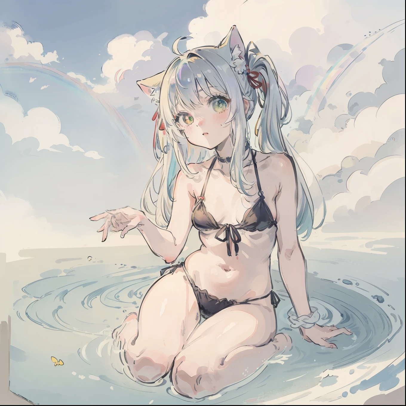 (Best quality1.2、masutepiece)、Yumekawa、A stunning、Take a cute cat、kawaii、White hair(rainbow-colored hair)、Cute swimsuit