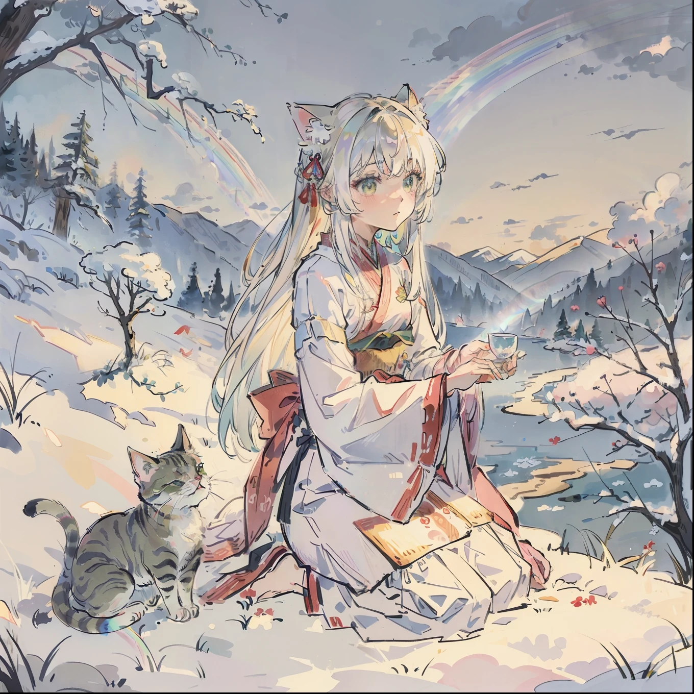(Best quality1.2、masutepiece)、Yumekawa、A stunning、Take a cute cat、White hair(rainbow-colored hair)、Lace clothing、Beautiful Landscapes
