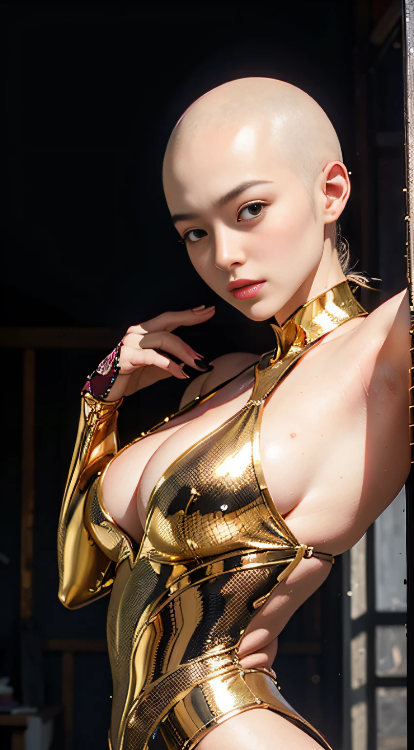 (1girll:1.3), 独奏,__body parts__, offcial art, 统一 8k 壁纸, ultra - detailed, Beautiful and aesthetic, big breasts beautiful, tmasterpiece, Best quality at best, primitive,tmasterpiece,ultra fine photos,,best qualtiy,超高分辨率,Photoreality,rays of sunshine,full-body portraits,stunningly beautiful,,dynamicposes,delicated face,Vibrant eyes,(seen from the side),She dresses super sexy,Red and gold color scheme,Very detailed abandoned warehouse background,detailed face with,bald-headed,There is no hair in the back of the head,Detailed and complex busy background,Untidy,opulent,milkyW,Highly detailed skin,Realistic details of skin,Visible Pore,tack sharp focus,volume fog,8K UHD,digital SLR camera,high qulity,filmgrain,White skin of the,photo-realism,DL,Huge metropolis in a dystopia of the future , look from down, semi transparent