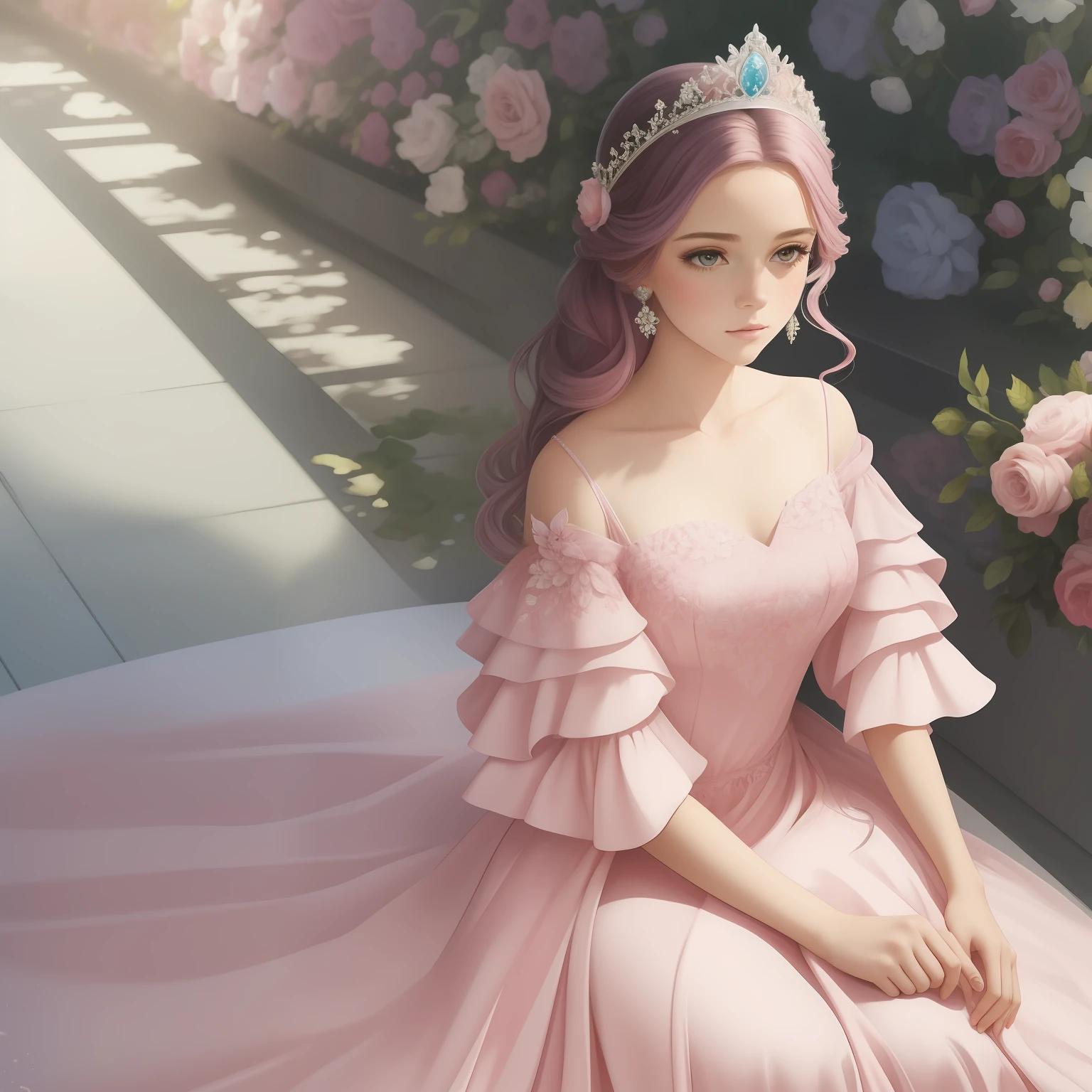 Uma pintura em aquarela de mulher em um vestido rosa com uma coroa de flores, Estilo de desenho bonito, vestido detalhado e rosto, vestido bonito, princesa menina, wearing a pink ballroom dress, Princesa Bonita, magic robe, beautiful illustration, arte bonita, desenho bonito, vestir, trending on artstration, princesa fada,