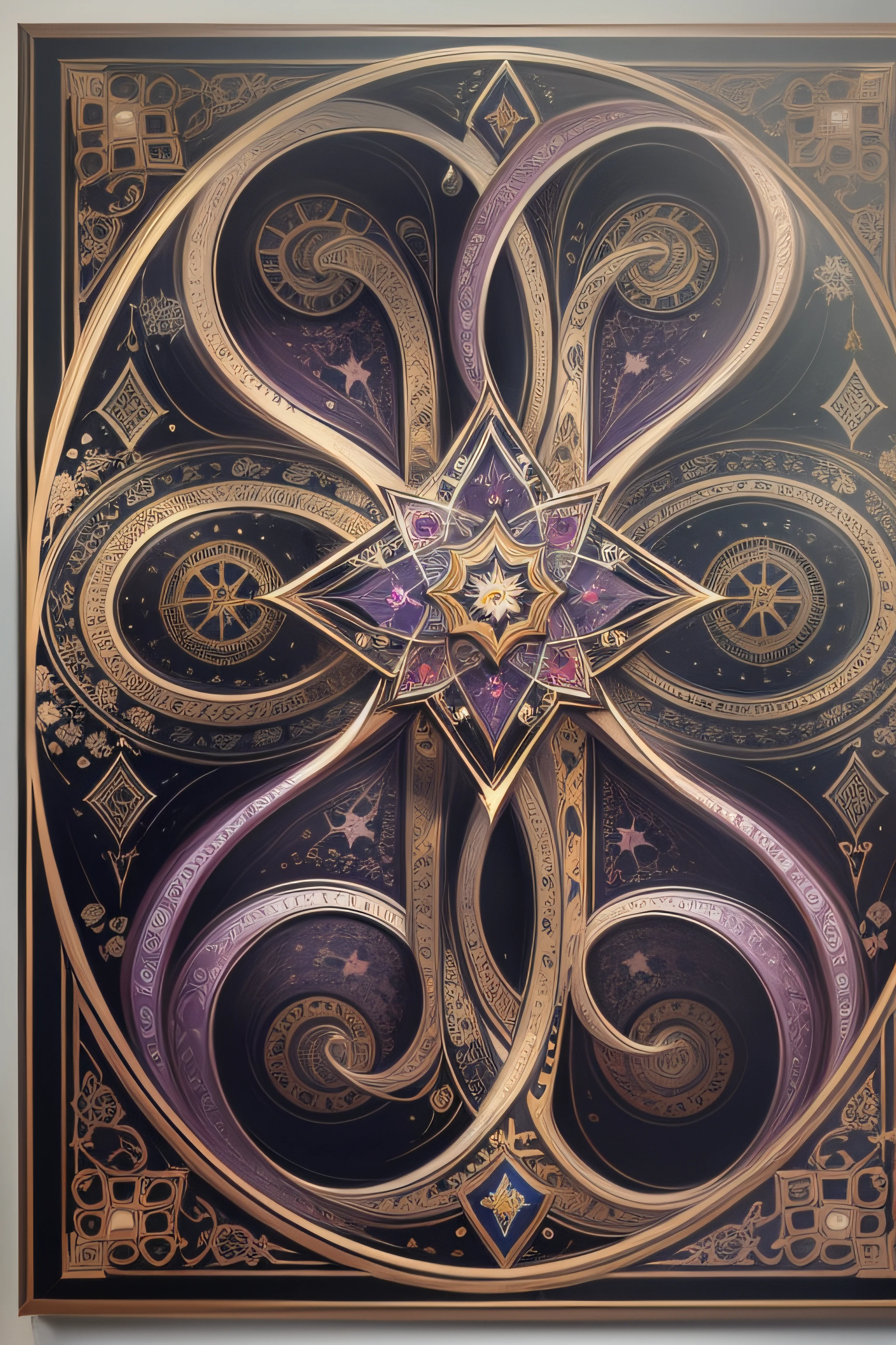 estrela de cinco pontas, magia, simetria, maths, renascentista, oil painting, 2d canvas, altamente detalhado, intricado, classic paint, dark purple, cristal, ornamentado, circles, Gothic ornament, graphic design, best proportion