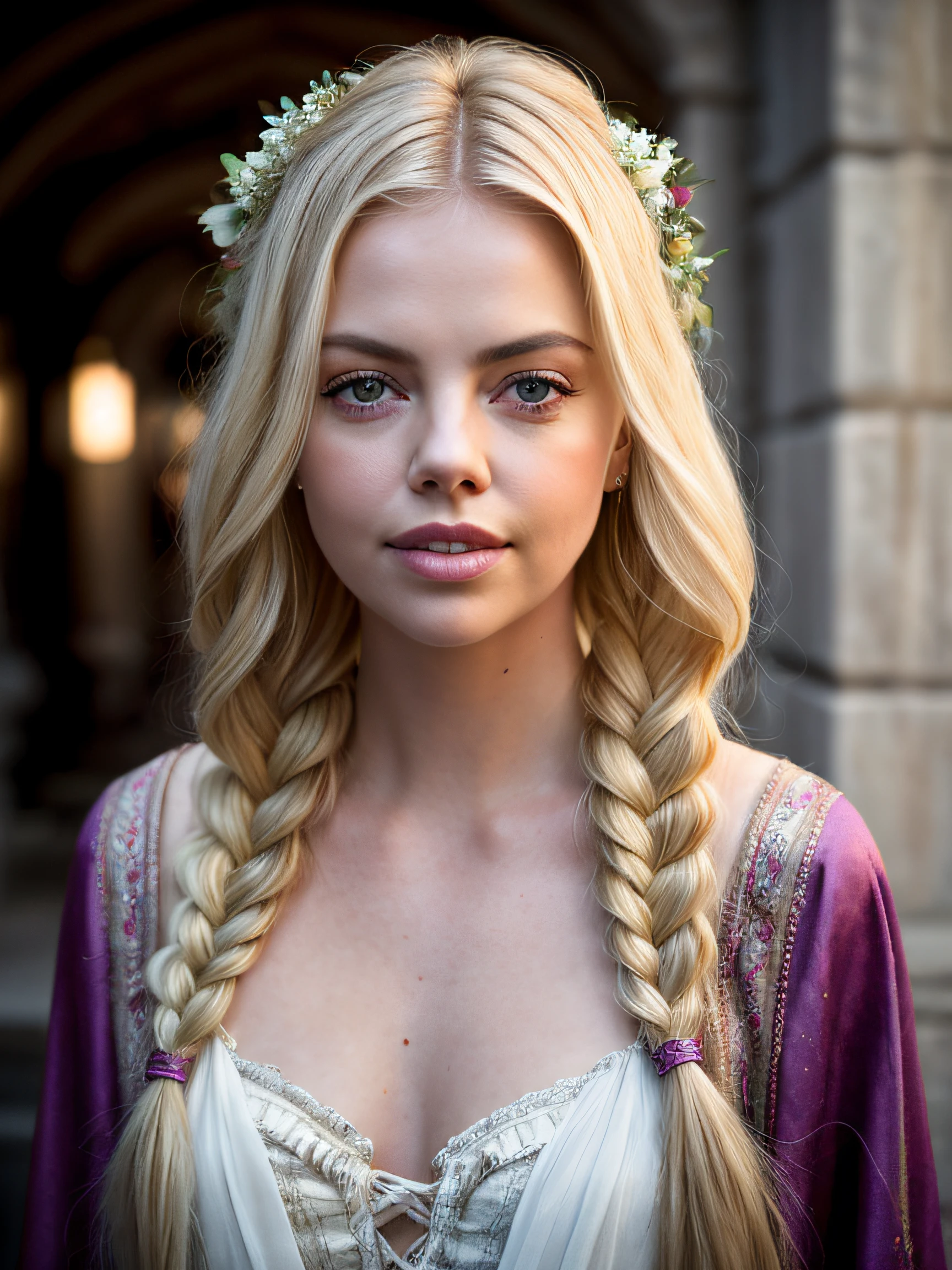 A (portrait photography: 1.2) close up portrait of a mix between Samara Weaving and Charlize Theron as a gorgeous 18 years old fantasy prostitute, pale blonde hair, big single long braid, fantasy prostitute nice fabric clothes, intellingent look, enticing smile, in a big medieval city, overcast, cinematic lighting, Canon EOS 5D Mark IV