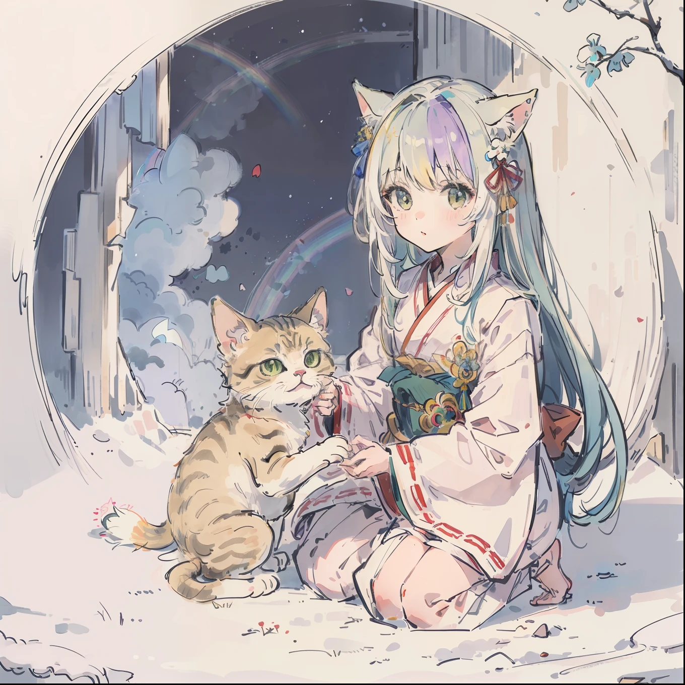(Best quality1.2、masutepiece)、Yumekawa、A stunning、Take a cute cat、Cute clothes、White hair(rainbow-colored hair)、