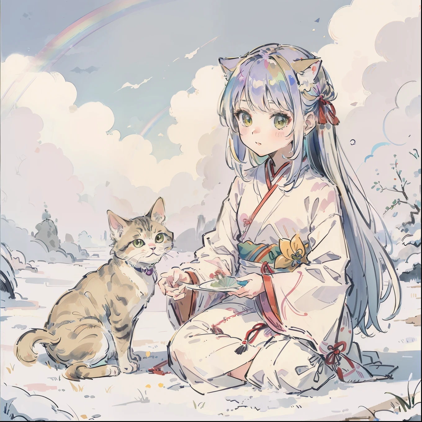(Best quality1.2、masutepiece)、Yumekawa、A stunning、Take a cute cat、kawaii、White hair(rainbow-colored hair)、Cute clothes