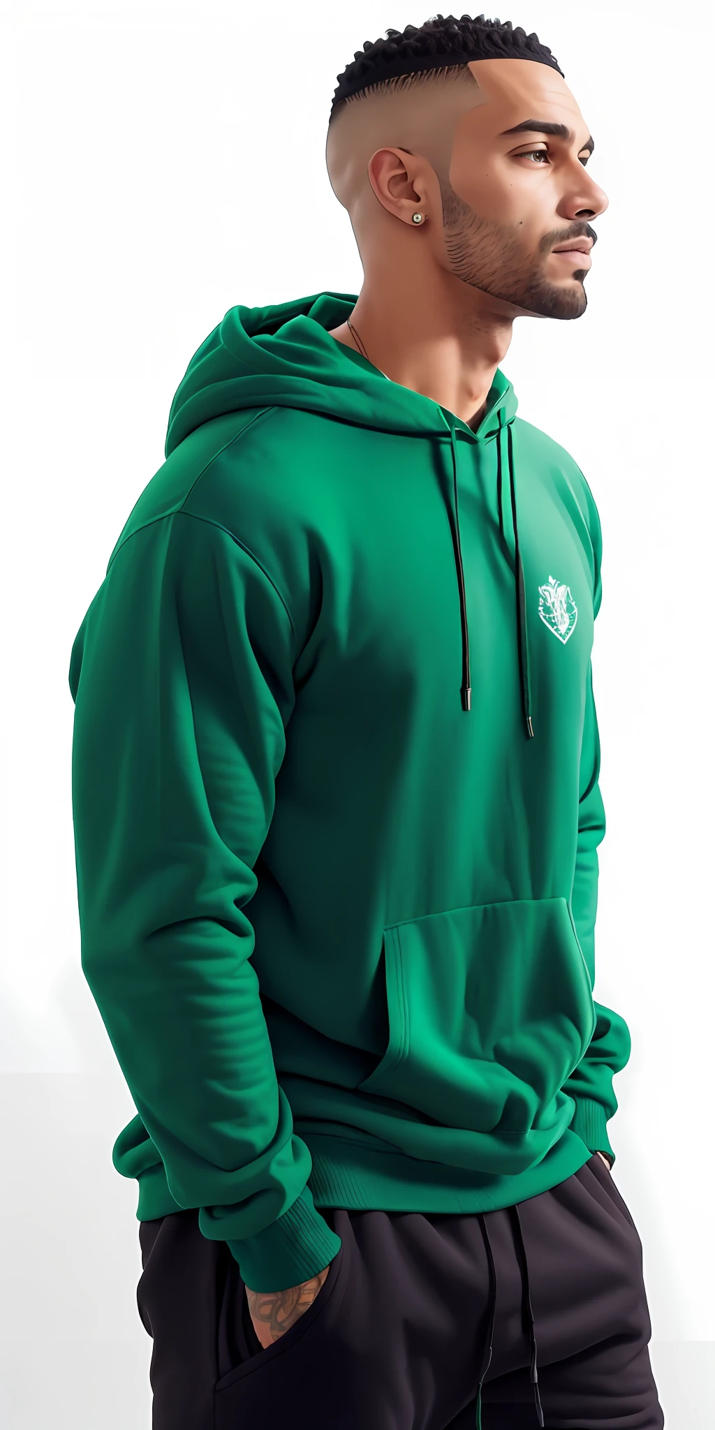 a man with a green hood standing against a white wall, usando capuz, capuz Verde, usando um capuz, usando um capuz oversized, capuz, usando um capuz, wearing a green sweater, hat and hoodie, roupas verdes casuais, roupas verdes, wearing a hoodie and sweatpants, vestindo roupas verdes, roupas verdes escuras ornamentadas, Hoody, trending on r/streetwear