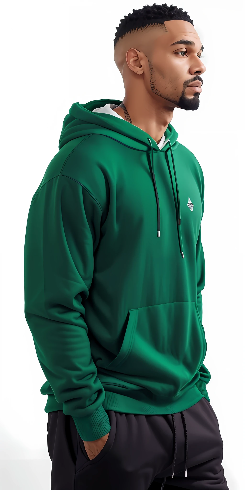 a man with a green hood standing against a white wall, usando capuz, capuz Verde, usando um capuz, usando um capuz oversized, capuz, usando um capuz, wearing a green sweater, hat and hoodie, roupas verdes casuais, roupas verdes, wearing a hoodie and sweatpants, vestindo roupas verdes, roupas verdes escuras ornamentadas, Hoody, trending on r/streetwear