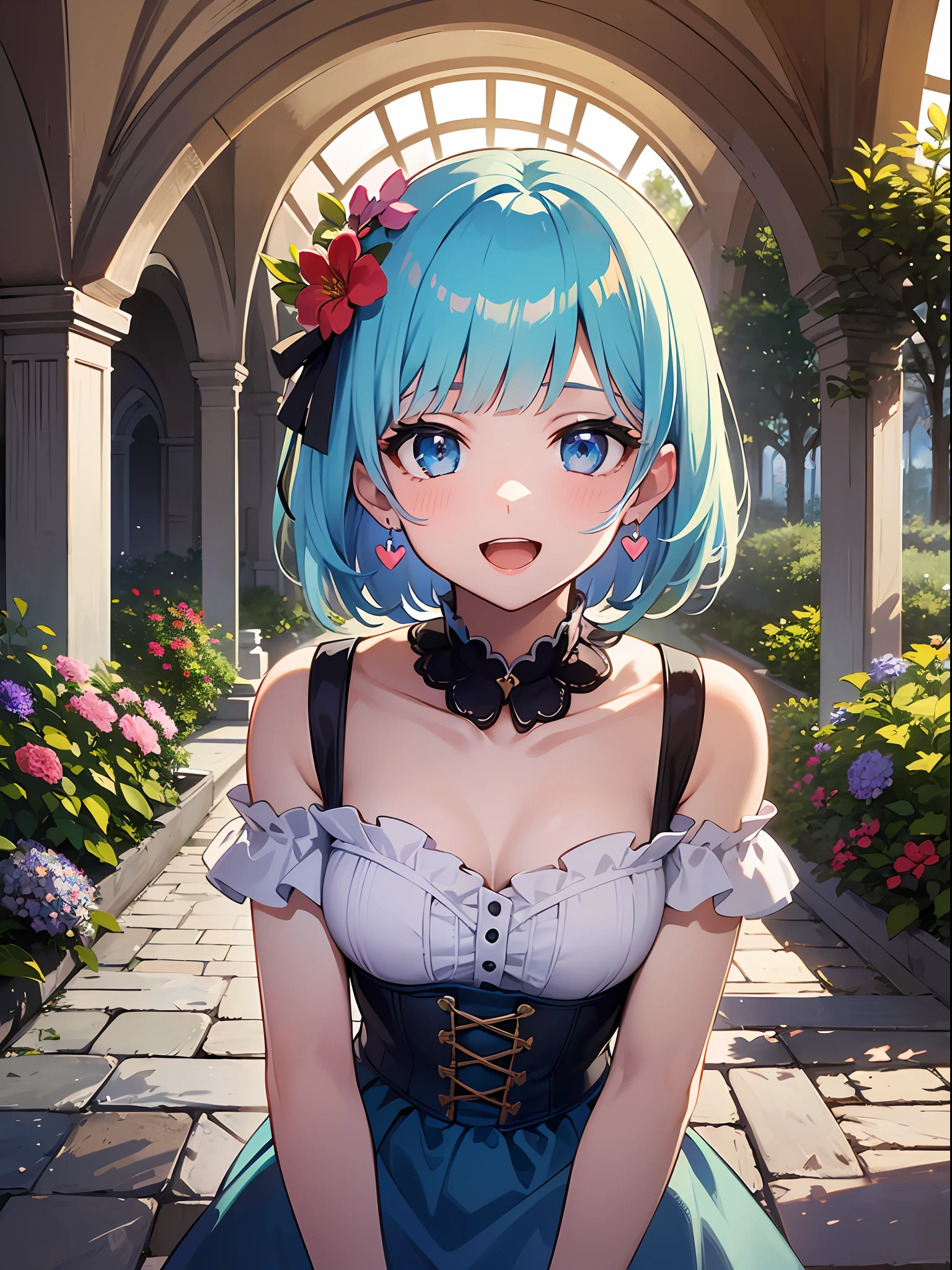 (masterpiece:1.3), (best quality:1.3), high resolution,
overlook view, couboy shot,
leaning forward, body facing forward,
(one cute girl:1.3), solo,
white skin, small Breast, eight-headed person,
light blue hair, (bobbed hair:1.2), (short hair:1.1), (blunt bangs:1.2), beautiful hair, blue eyes, beautiful detailed eyes,
open mouth, heart, cheerful smile,
short dress, earrings,
flower garden, natural park, castle,
shadowlighting,