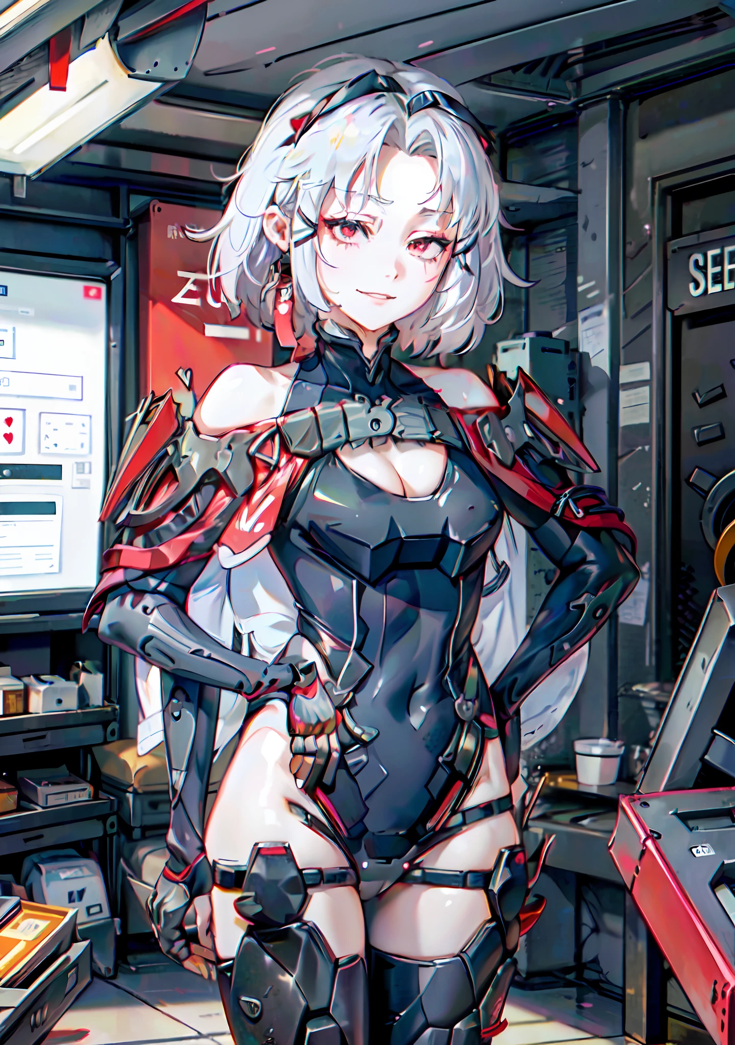 ((((masterpiece, best quality, high resolution)))), 1girl, white hair, red eyes, short wavy hair, average breasts, blush, light smile, parted lips, glow, thighs, bare shoulders, collarbone, narrow waist, cleavage, (beautiful detailed face, beautiful detailed eyes), long slender thighs, perfect eyes, (bikini, maid apron, maid headband), (sunbeam, sunlight, rose, wind, cafe), nsfw