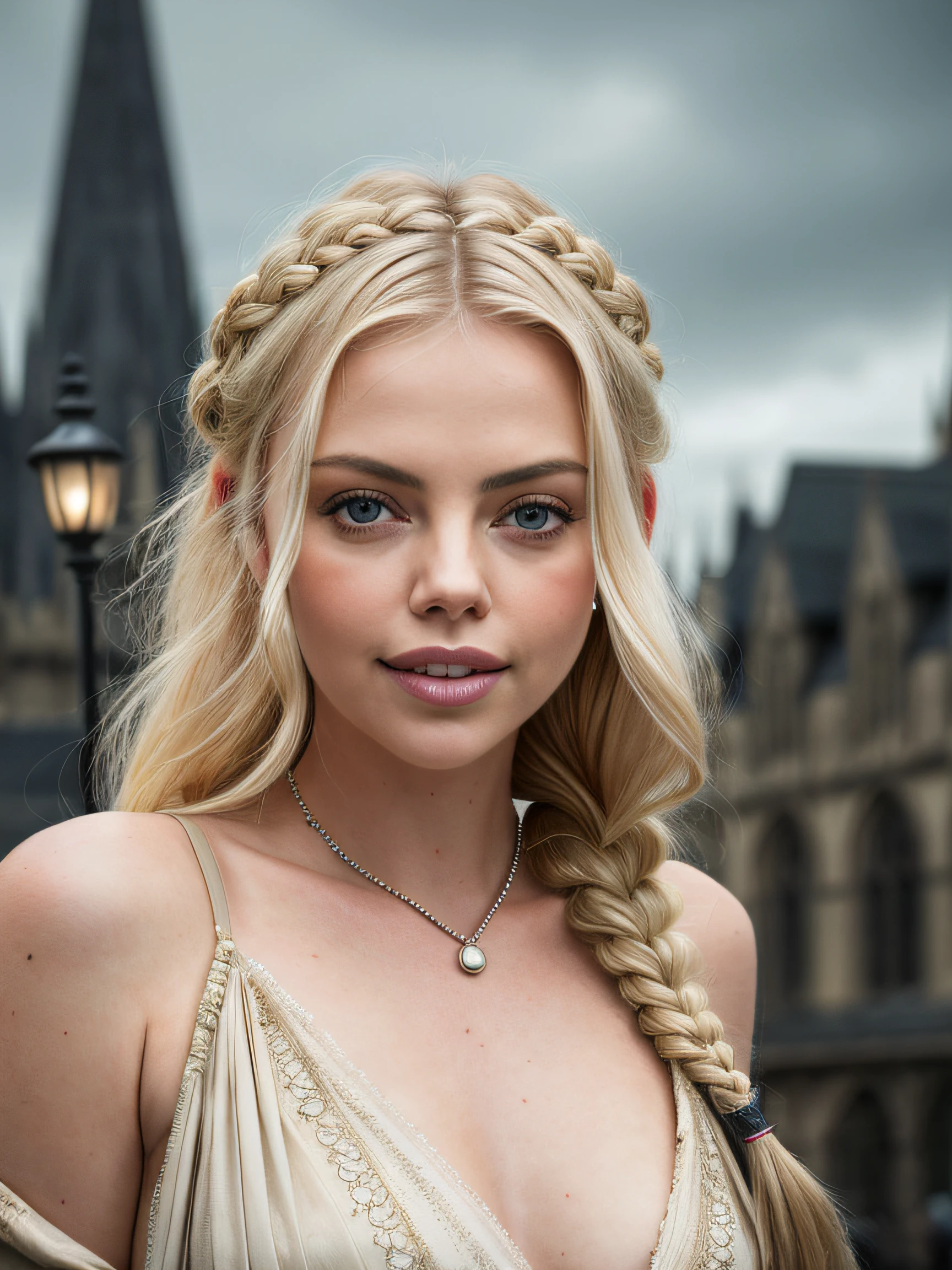 A (portrait photography: 1.2) close up portrait of a mix between Samara Weaving and Charlize Theron as a gorgeous 22 years old fantasy prostitute, pale blonde hair, big single long braid, fantasy prostitute nice fabric clothes, intellingent look, enticing smile, in a big medieval fantasy city, overcast, cinematic lighting, Canon EOS 5D Mark IV