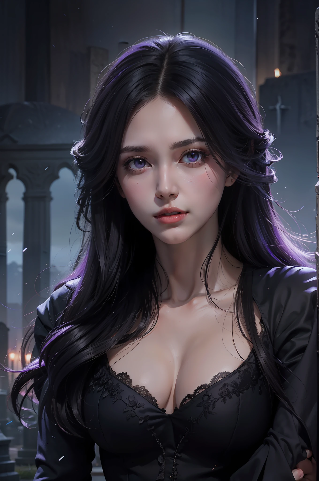 Beautiful woman reminiscent of Yennefer from The Witcher with long black hair and violet eyes bright as constellations, obra prima, ultra qualidade, 8k, cabelos caindo sobre seus ombros, in the background a cemetery, She's wearing a black suit and tie..