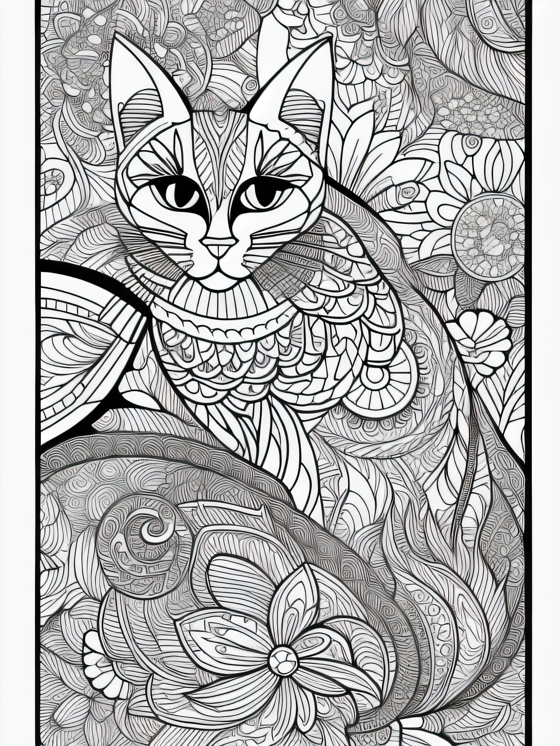 coloring page, black white, , cat's and flower illustrations, design, pattern