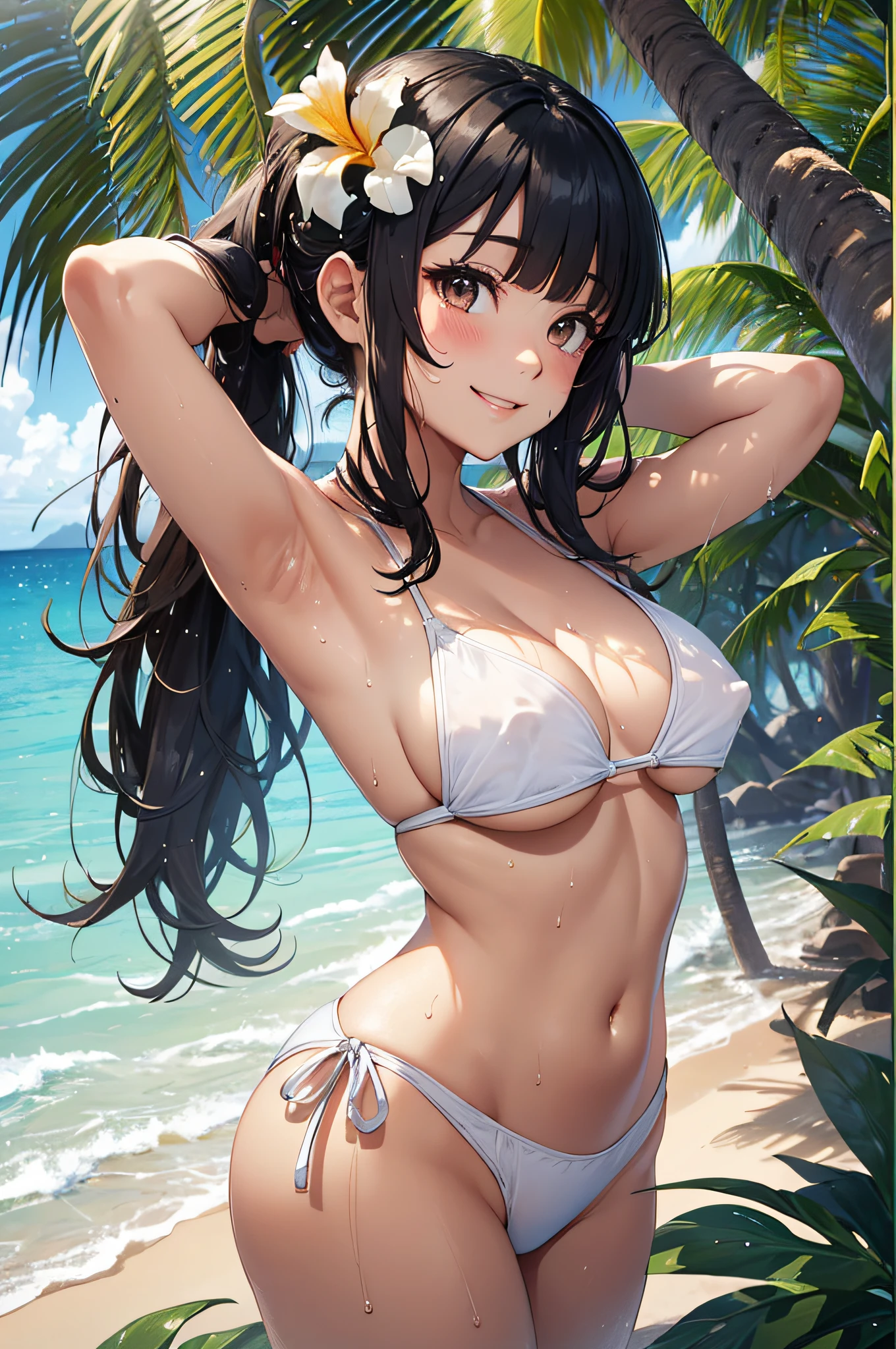 (top-quality、in 8K、32K、masterpiece、nffsw、ighly detailed、Impresionismo:1.2)、sideshot、Full body, (blue open sky、Tropical seas、Palm trees:1.4)、deep-shadows、beauitful face、blurry backround、16-year-old beautiful girl、glossy wet skin, Beautiful hair in wet black、Blunt bangs、 side poneyTail、Brown eyes、beauitful face、blurry backround、Wet Light White Bikini Swimsuit、flipflops、Floral hair ornament、Naughty smile、skin tanned、Curve、(Beautiful nipple slip:1.3)、Arms up、