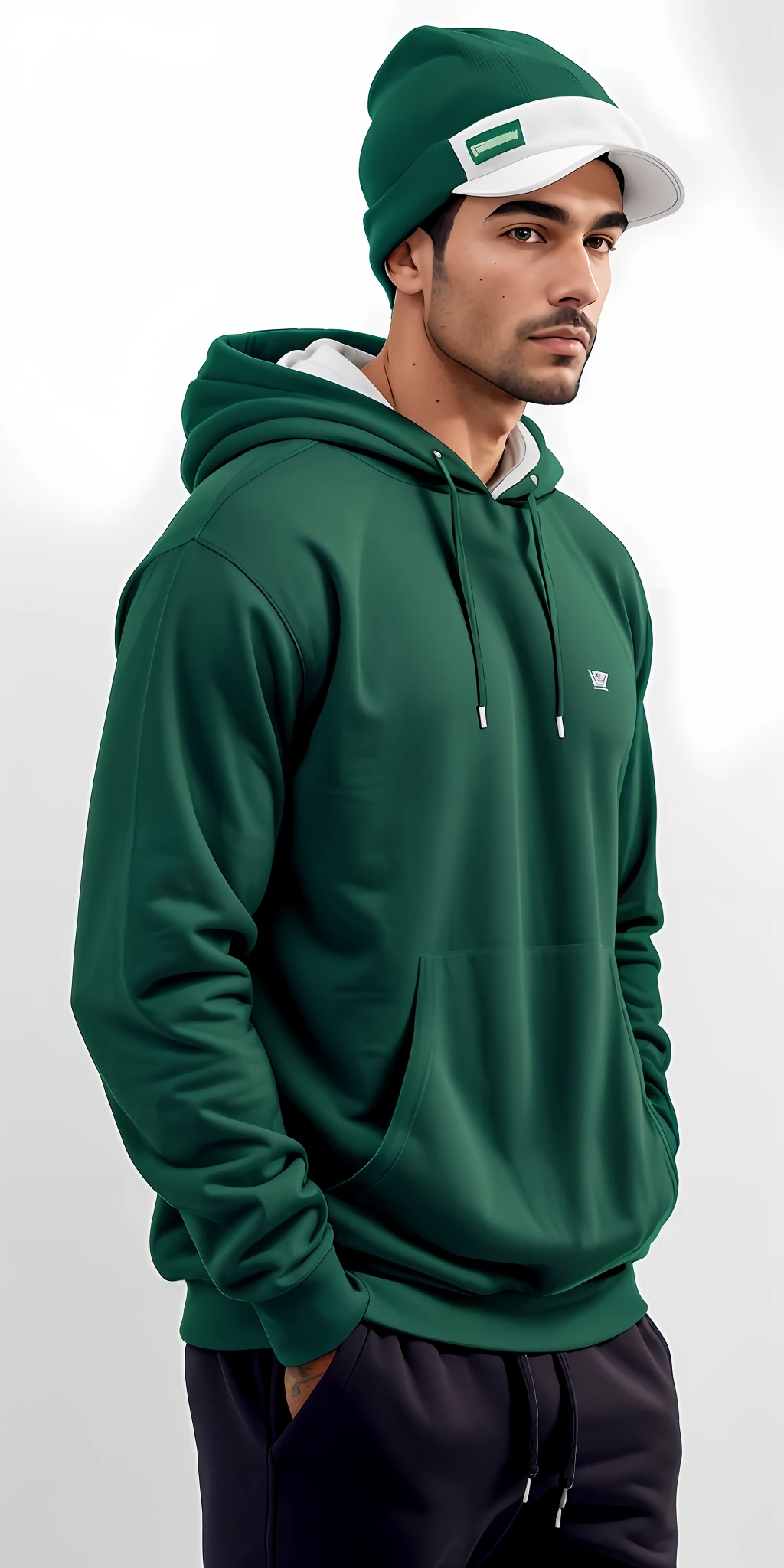 a man with a green hood standing against a white wall, usando capuz, Capuz Verde, usando um capuz, usando um capuz oversized, capuz, usando um capuz, wearing a green sweater, hat and hoodie, roupas verdes casuais, roupas verdes, wearing a hoodie and sweatpants, vestindo roupas verdes, roupas verdes escuras ornamentadas, Hoody, trending on r/streetwear