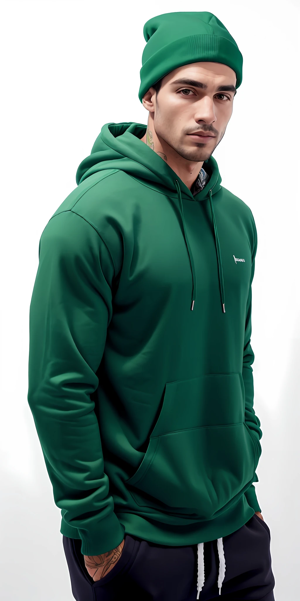 a man with a green hood standing against a white wall, usando capuz, Capuz Verde, usando um capuz, usando um capuz oversized, capuz, usando um capuz, wearing a green sweater, hat and hoodie, roupas verdes casuais, roupas verdes, wearing a hoodie and sweatpants, vestindo roupas verdes, roupas verdes escuras ornamentadas, Hoody, trending on r/streetwear