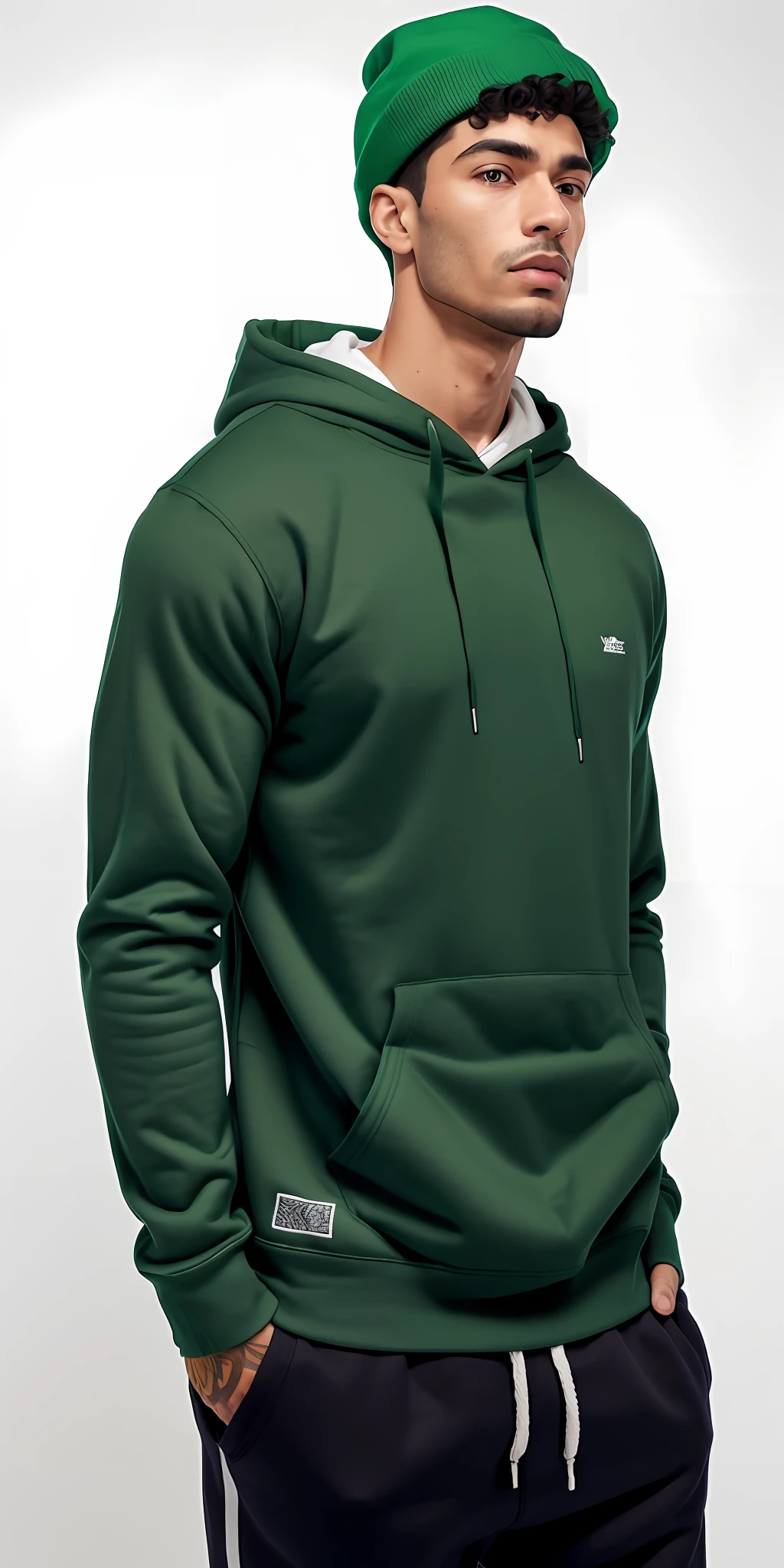a man with a green hood standing against a white wall, usando capuz, Capuz Verde, usando um capuz, usando um capuz oversized, capuz, usando um capuz, wearing a green sweater, hat and hoodie, roupas verdes casuais, roupas verdes, wearing a hoodie and sweatpants, vestindo roupas verdes, roupas verdes escuras ornamentadas, Hoody, trending on r/streetwear