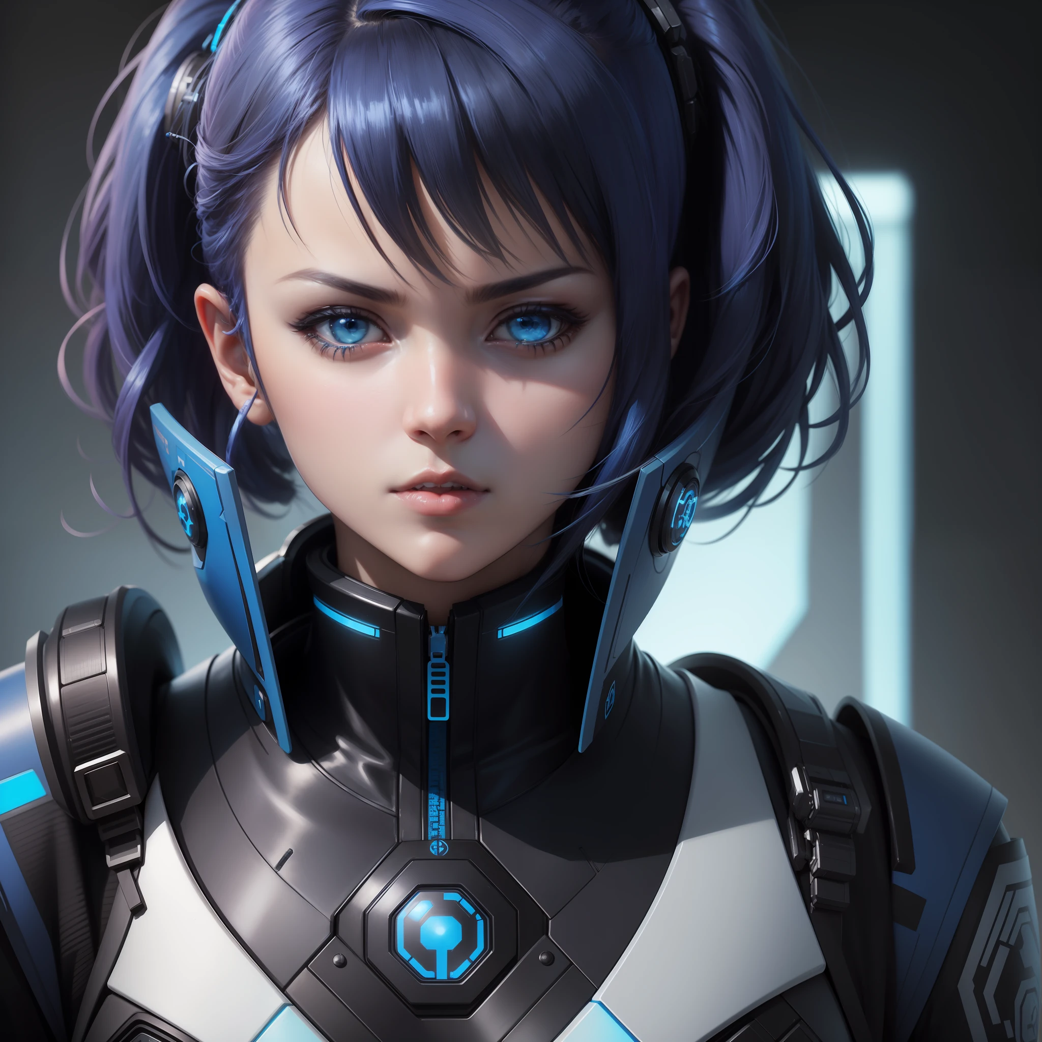 "Portrait Profile picture, blue cyberpunk Sci-Fi outfit, cute Anime style with a Japanese 2D touch, Sharp focus and incredible detail in 16k resolution, Hyper realistic and highly detailed with mind-blowing 8k quality."