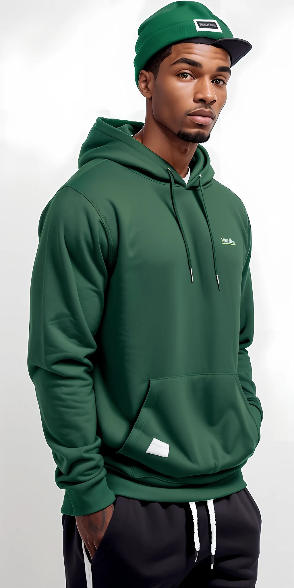 a man with a green hood standing against a white wall, usando capuz, Capuz Verde, usando um capuz, usando um capuz oversized, capuz, usando um capuz, wearing a green sweater, hat and hoodie, roupas verdes casuais, roupas verdes, wearing a hoodie and sweatpants, vestindo roupas verdes, roupas verdes escuras ornamentadas, Hoody, trending on r/streetwear