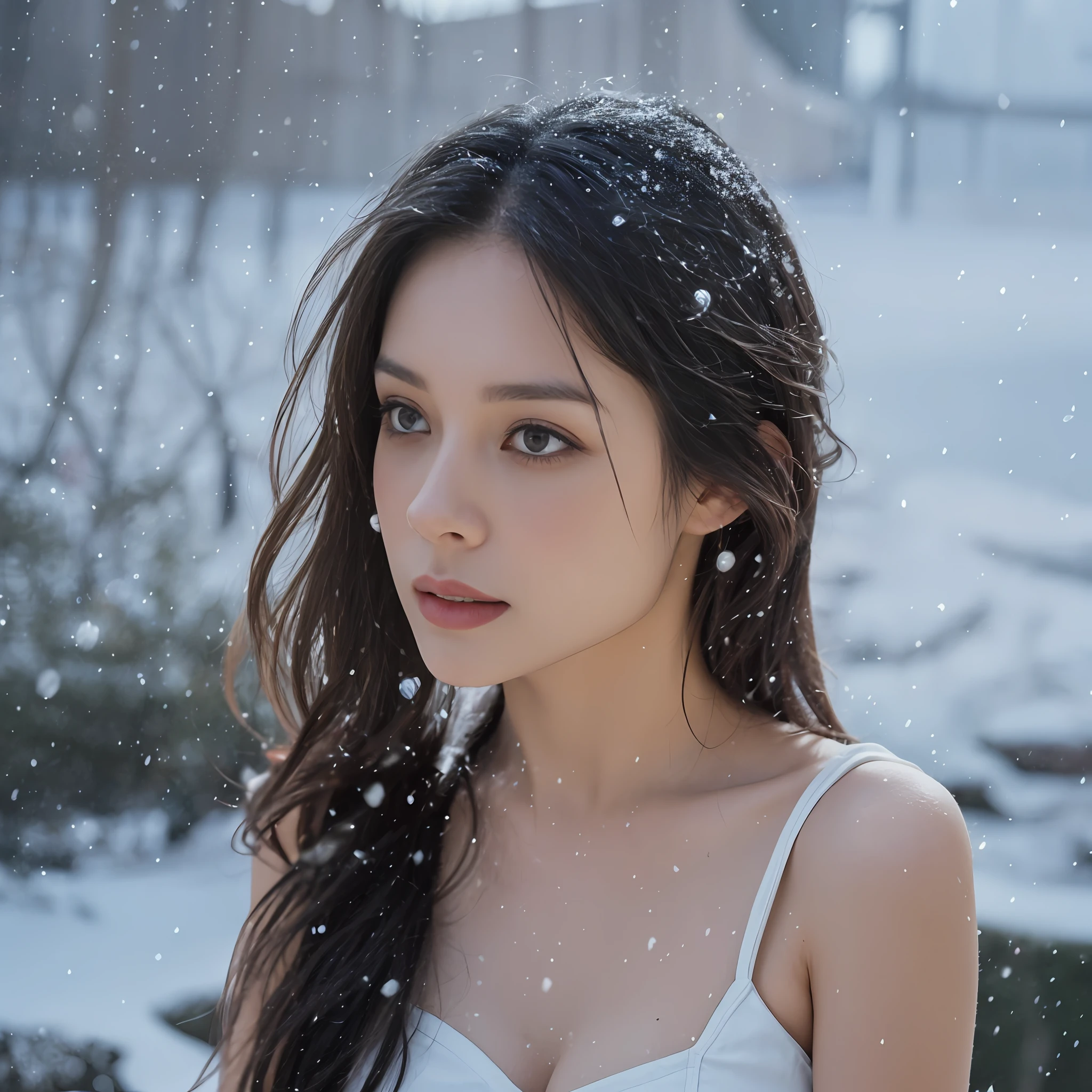 (Upper_body:1.2), best quality, (8k, RAW photo, best quality, masterpiece:1.2), (realistic, photo-realistic:1.4), (1girl), snowing