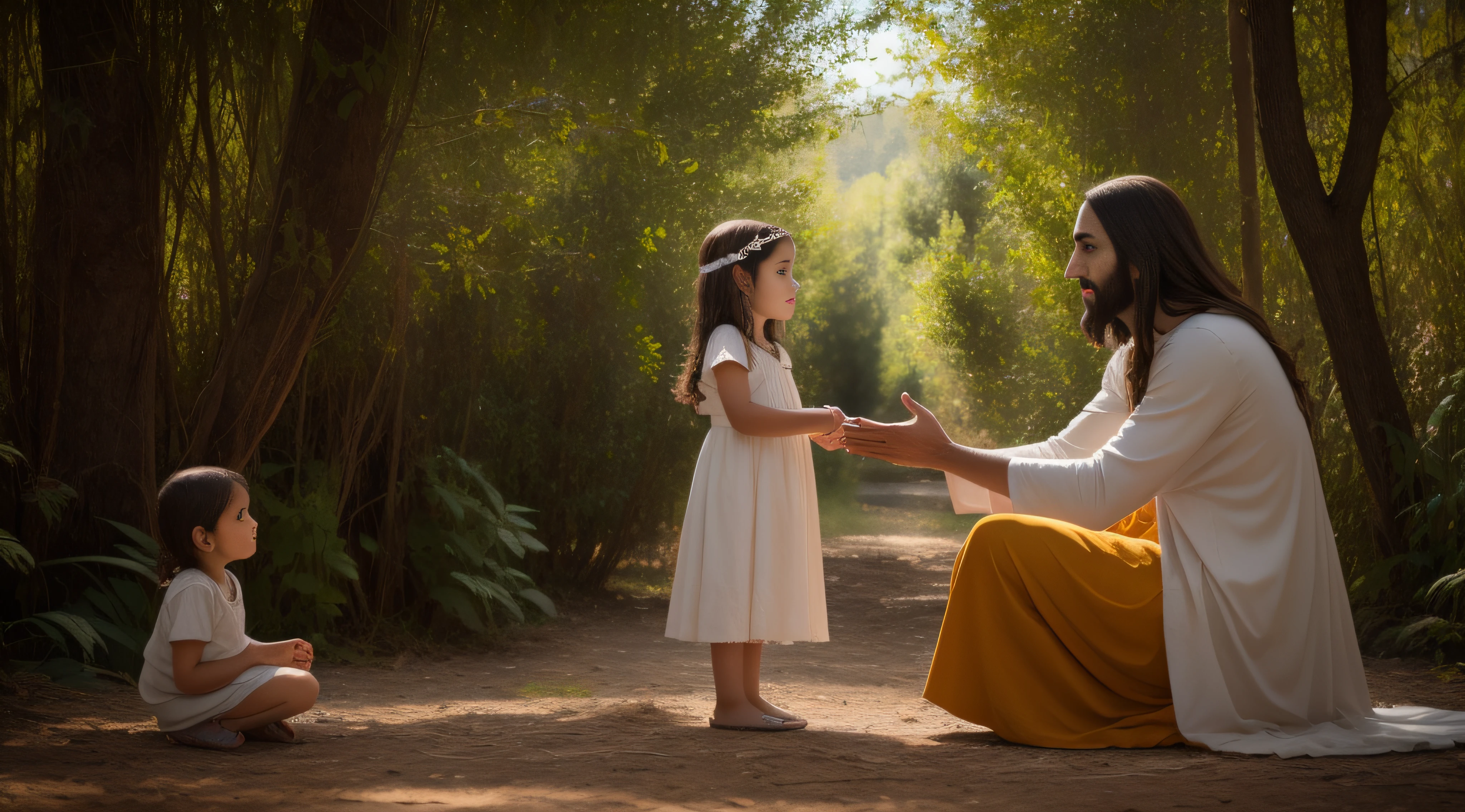Jesus Christ talking to a child, holding the child by the hand, floresta de fundo, detalhado, realista, 4k