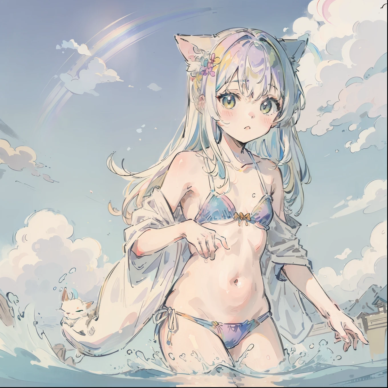 (Best quality1.2、masutepiece)、Yumekawa、A stunning、Take a cute cat、kawaii、White hair(rainbow-colored hair)、swim wears