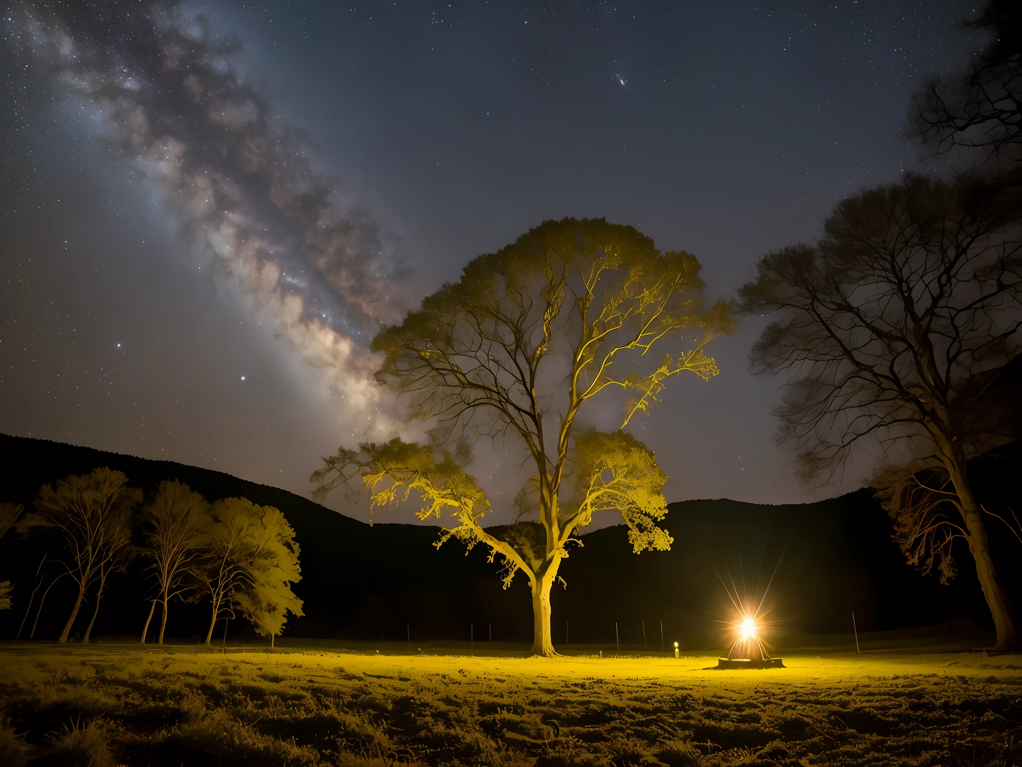 expansive space photography, (a view from below that shows the sky above and the open field below), uma raposa parada em um campo de vaga lumes olhando para cima, (estrela-bussola: 1.2), (estrelas cadentes: 0.9), (nebulosa: 1.3), montanha distante , BREAK tree production art, (fonte de luz quente: 1.2), (Firefly: 1.2), lamp, muito neon e verde, amarelo florescente, detalhes complexos, volumetric lighting BREAK (obra-prima: 1.2), (melhor qualidade), 4k, ultradetalhado , (dynamic compositing: 1.4), detalhes coloridos altamente detalhados (cores iridescentes: 1.2), (bright illumination, Atmospheric Illumination), sonhador, magica, (solo: 1.2)