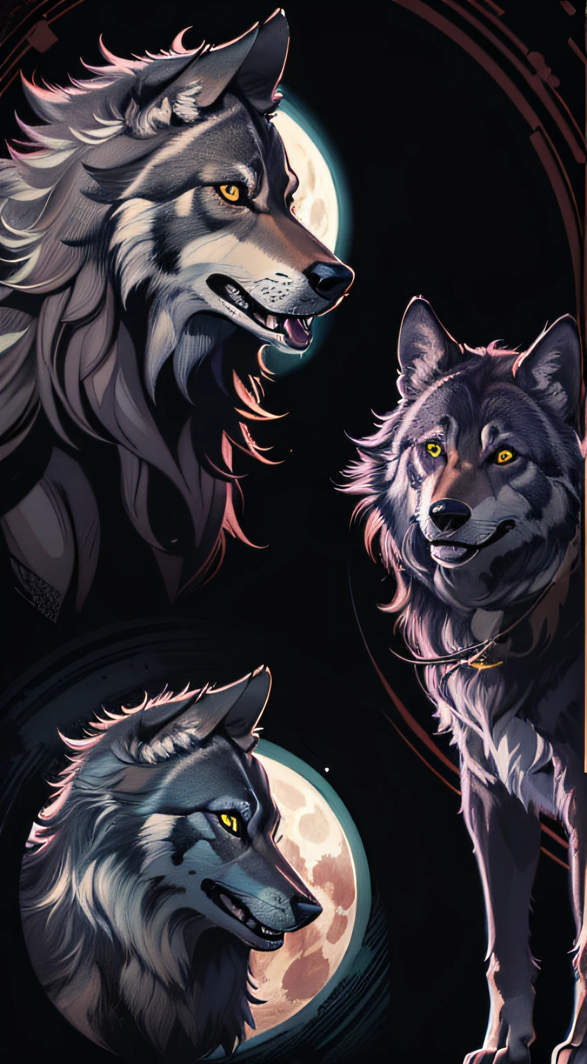 t-shirt art, 2D, ((black background :1, 5)), vector, vivid colors, wolf, masterpiece, best quality, realistic details, ,moonlight, circles light, Mike Deodato