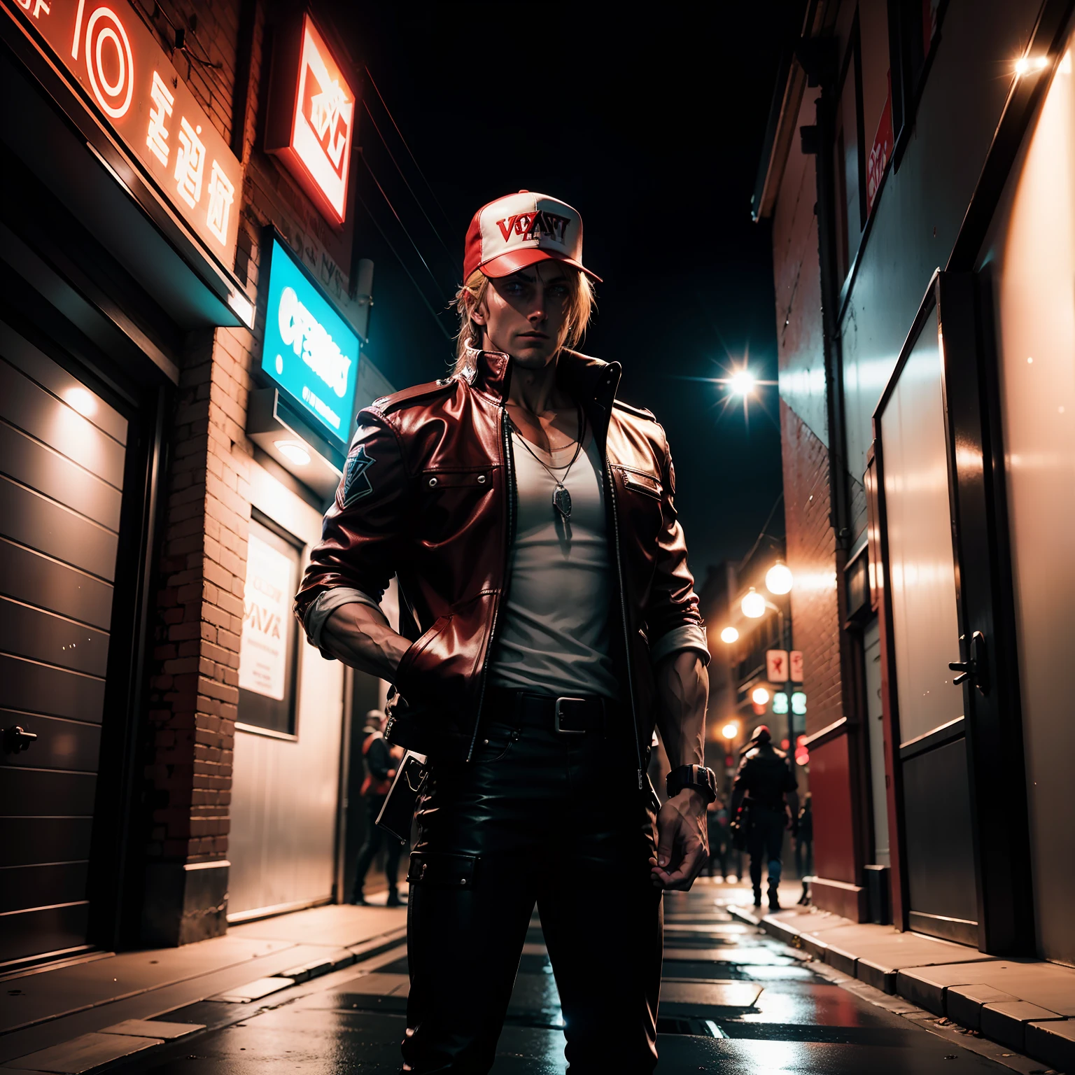 Terry Bogard de The King of Fighters XV, vestindo uma jaqueta vermelha com uma estampa de uma estrela branca nas costas, em um beco da cidade de Shibuya, in the nighttime, [chovendo : 1.50 ], bem iluminado, reflective water, efeitos de reflexo, RTX, 4k,