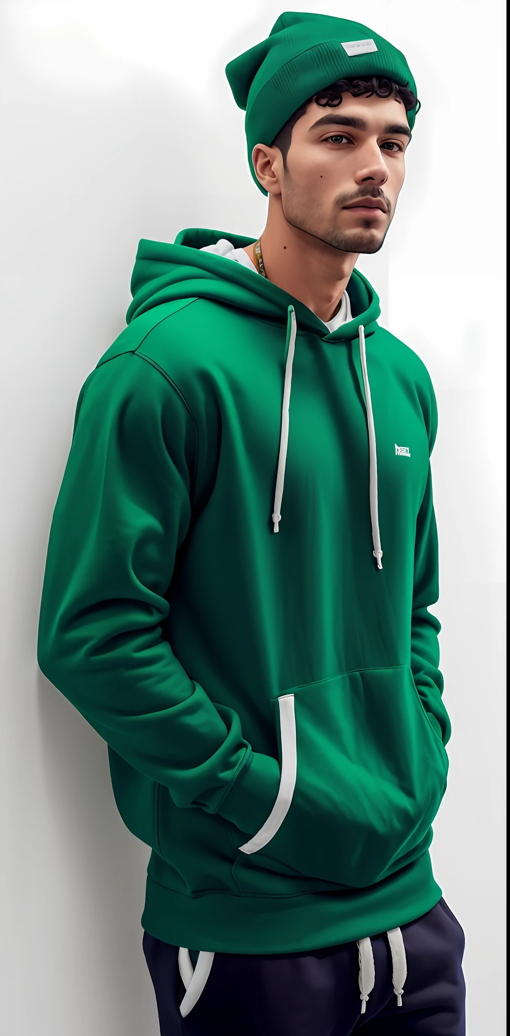 a man with a green hood standing against a white wall, usando capuz, Capuz Verde, usando um capuz, usando um capuz oversized, capuz, usando um capuz, wearing a green sweater, hat and hoodie, roupas verdes casuais, roupas verdes, wearing a hoodie and sweatpants, vestindo roupas verdes, roupas verdes escuras ornamentadas, Hoody, trending on r/streetwear