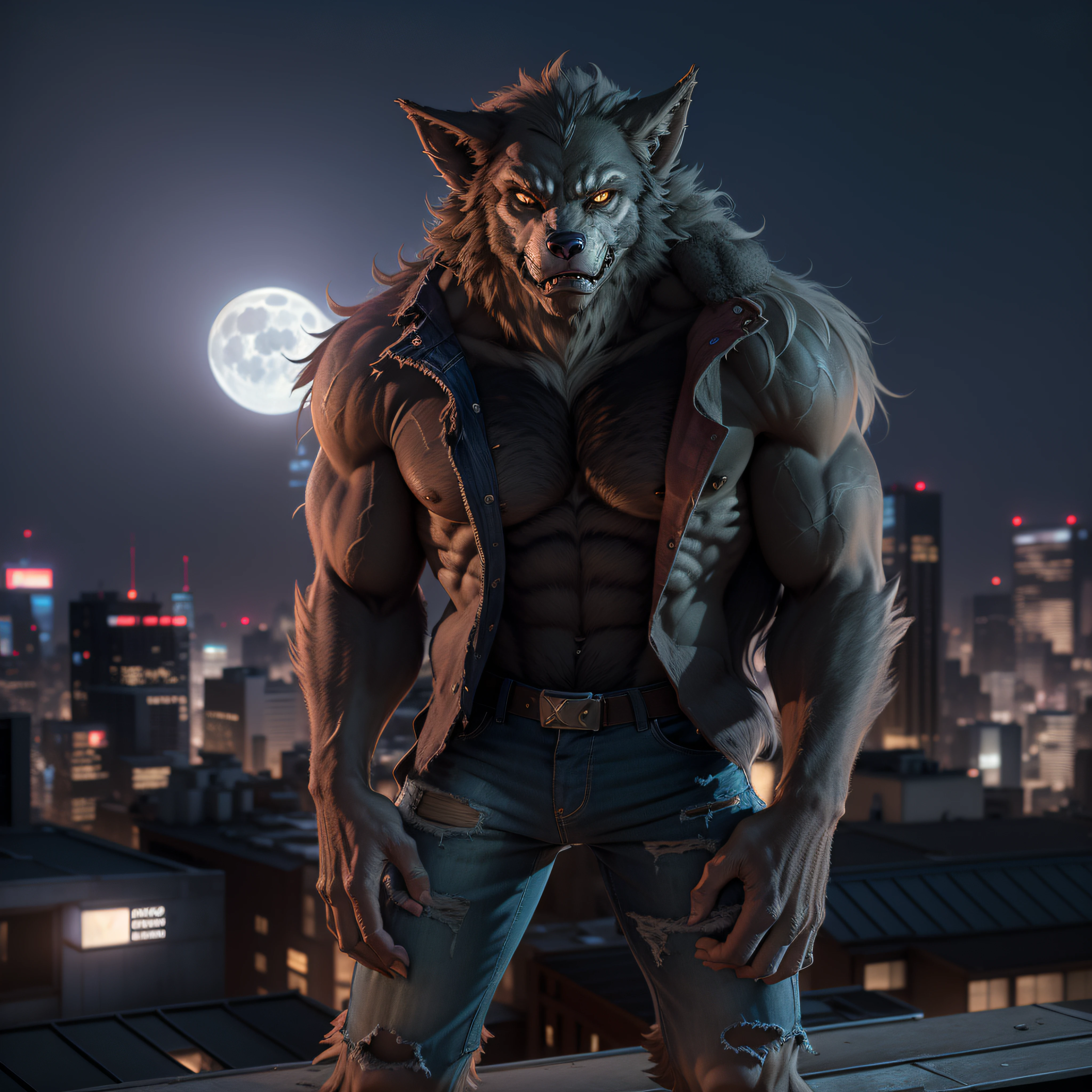 (Masterpiece, Superb Quality, Super Delicate, High Resolution) Werewolf, photo-realistic, octane render, unreal engine, ultra-realistic, Marvel comic's (((Werewolf by night))) (((wearing tattered pants))) (((on a City rooftop))), moon in the background, ultra-realistic, Masterpiece, octane render, unreal engine