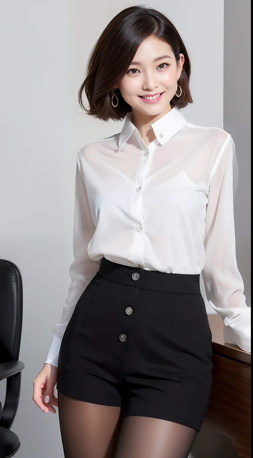 (8K、Top image quality、​masterpiece:1.2)、(realisitic、Photorealsitic:1.37)、The ultra-detailliert、独奏、1girl in、full body Esbian、OL beauty、Black Office Blazer、Office Skirt:1.2、(panthyhose:1.2)、(Sheer button-down shirt shorts:1.2)、Upcolor prim with buttons、Down color prim with buttons、bra very、(panthyhose:1.2)、Alpha Layer、high-heels、Cute earrings、Cute Solo、(A smile:1.15)、(Keep your mouth shut)、small tits、Cute face like an idol、beatiful detailed eyes、business clothes、(short-hair:1.2)、 Novafrog Style Floating Hair、cross one's legs、Black pantyhose:1.5、Black bra:0.9、Background blur、s Office